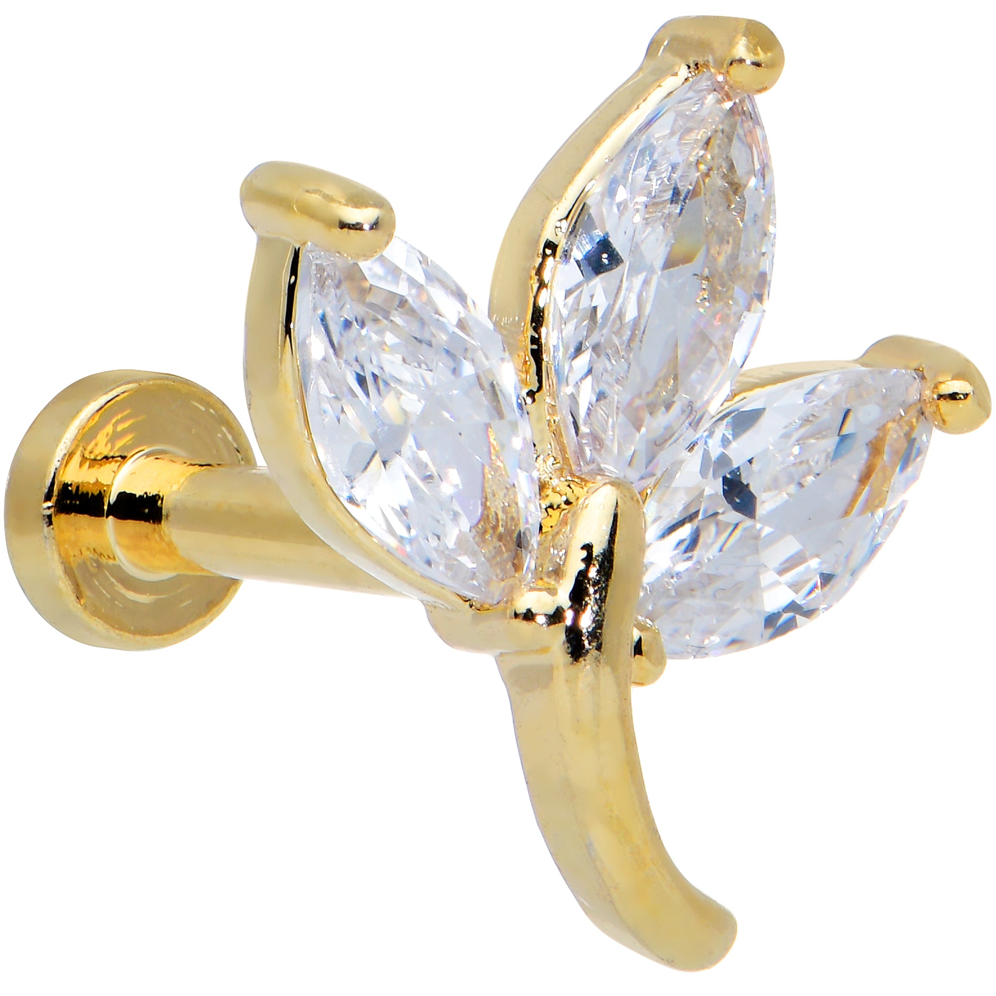 16G 1/4 Clear CZ Gem Gold Tone Leaves Internal Thread Labret
