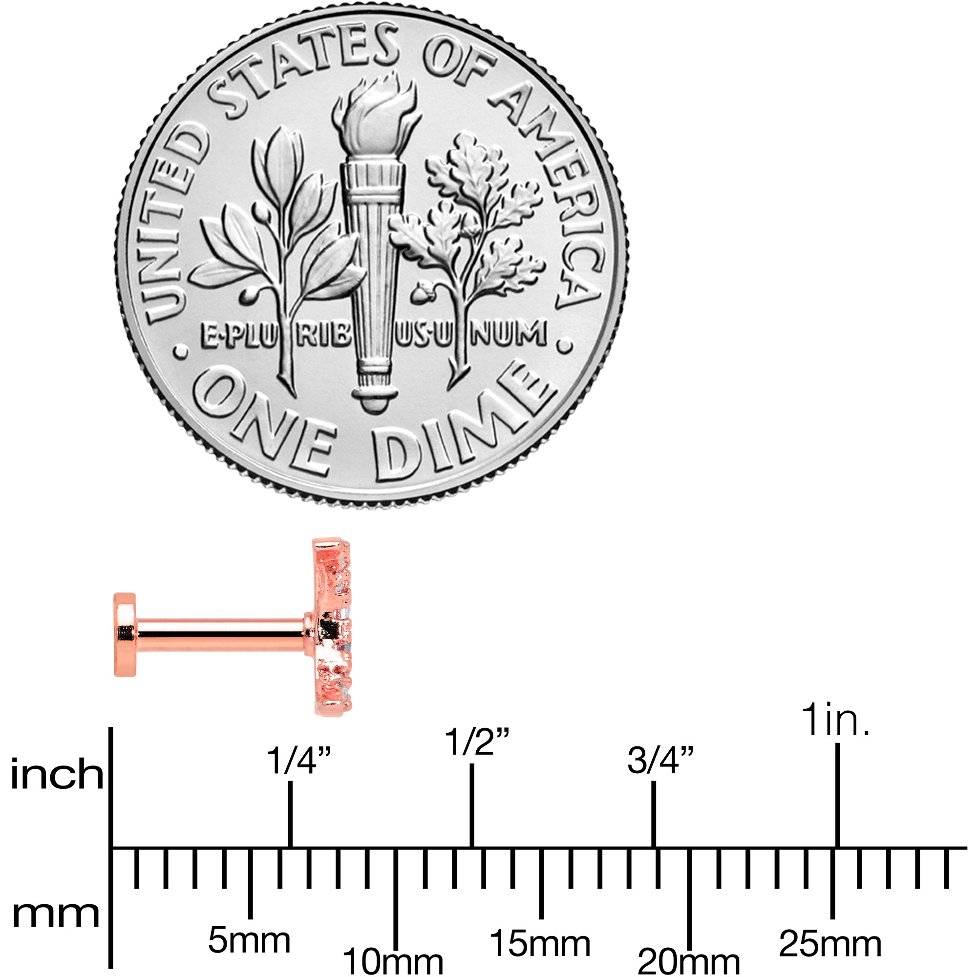 16G 1/4 Clear CZ Gem Rose Gold Tone Moon Internal Thread Labret