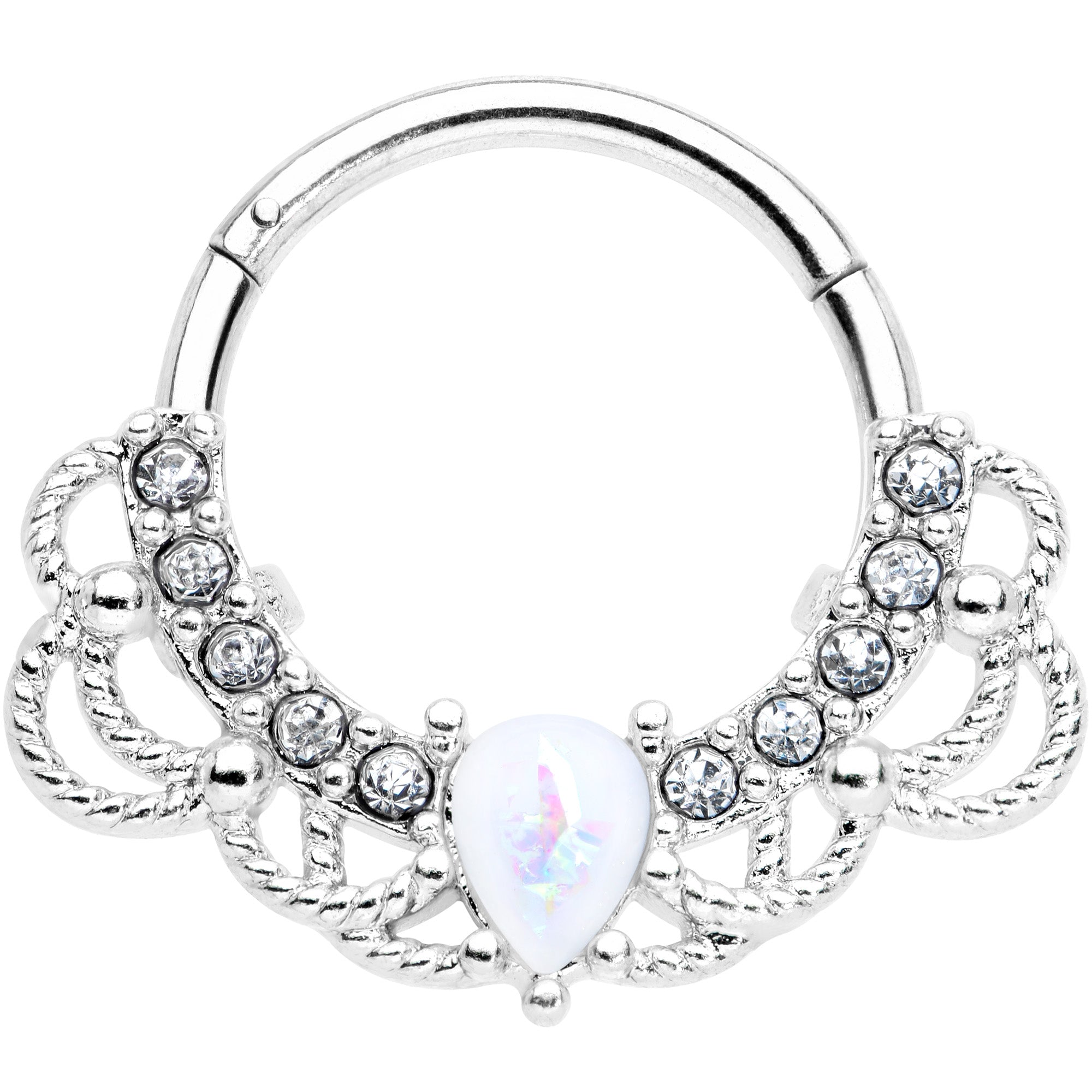 16G 3/8 White Faux Opal Lace Lover Hinged Segment Ring