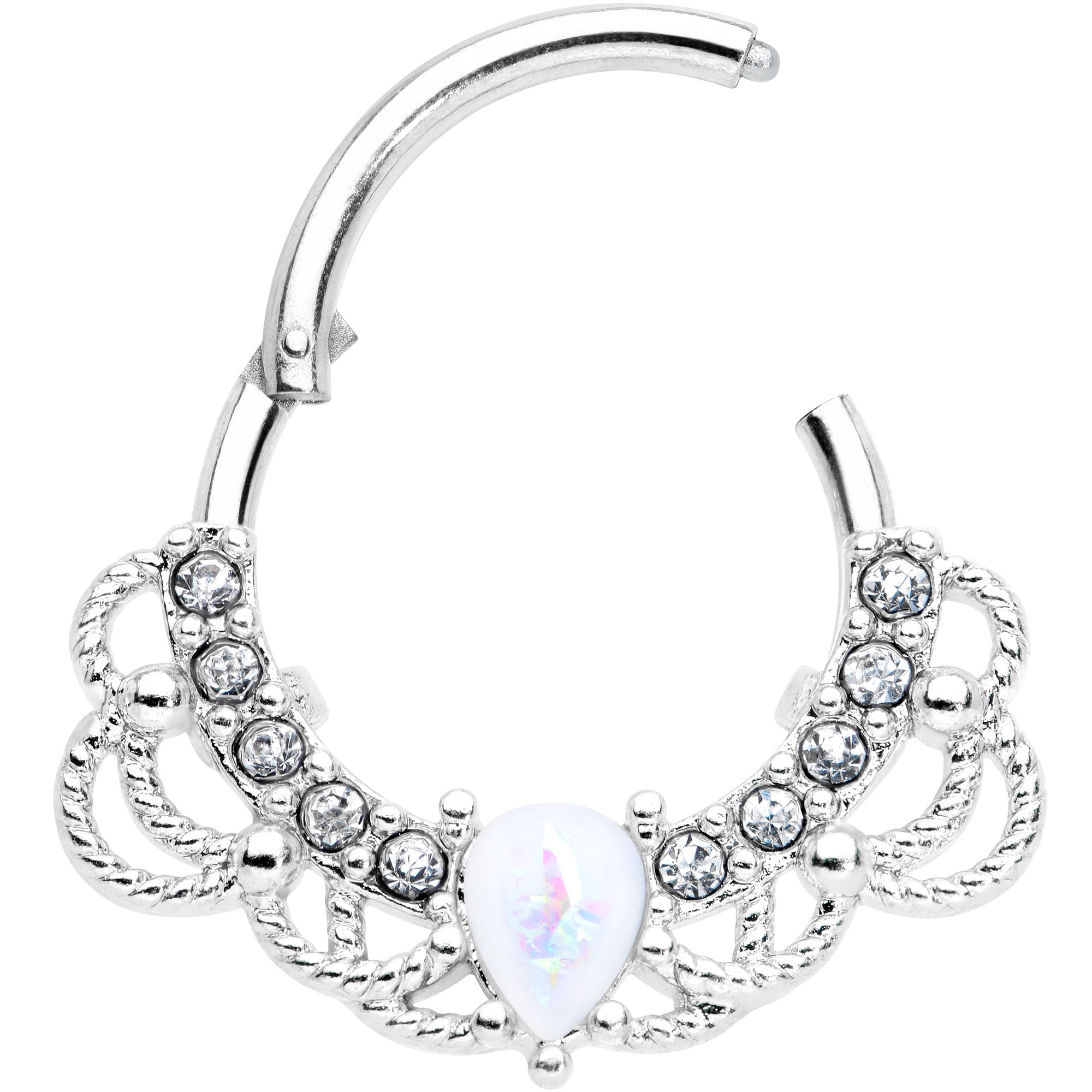16G 3/8 White Faux Opal Lace Lover Hinged Segment Ring