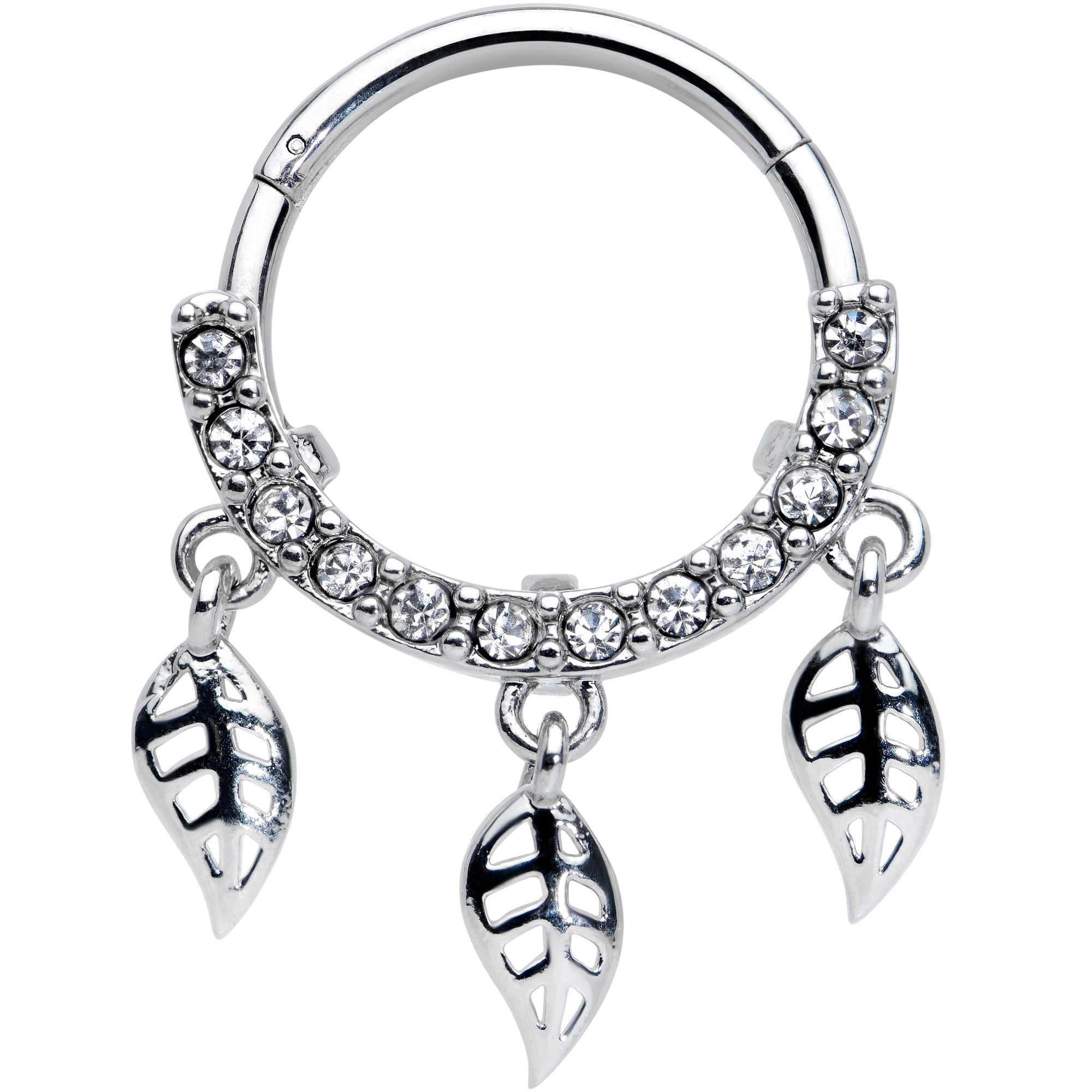 16G 3/8 Clear Gem Open Leaf Dangle Hinged Segment Ring