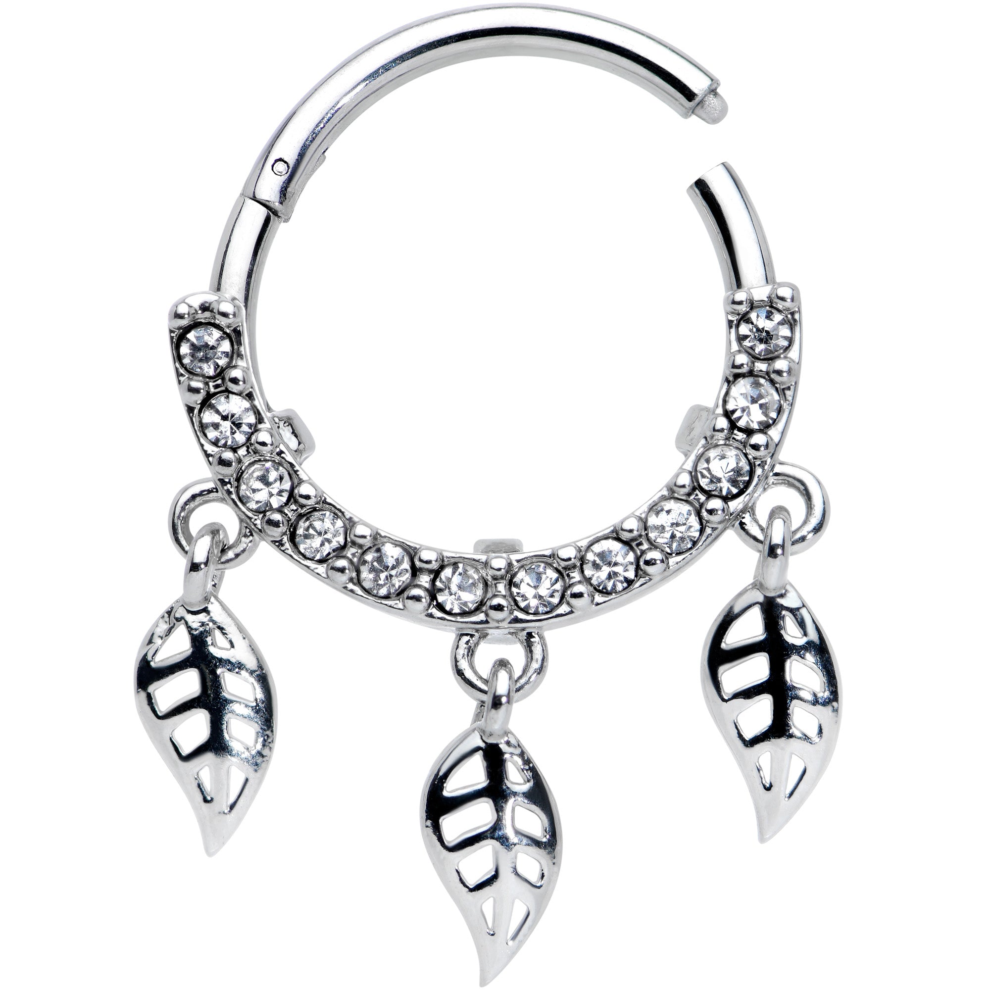 16G 3/8 Clear Gem Open Leaf Dangle Hinged Segment Ring