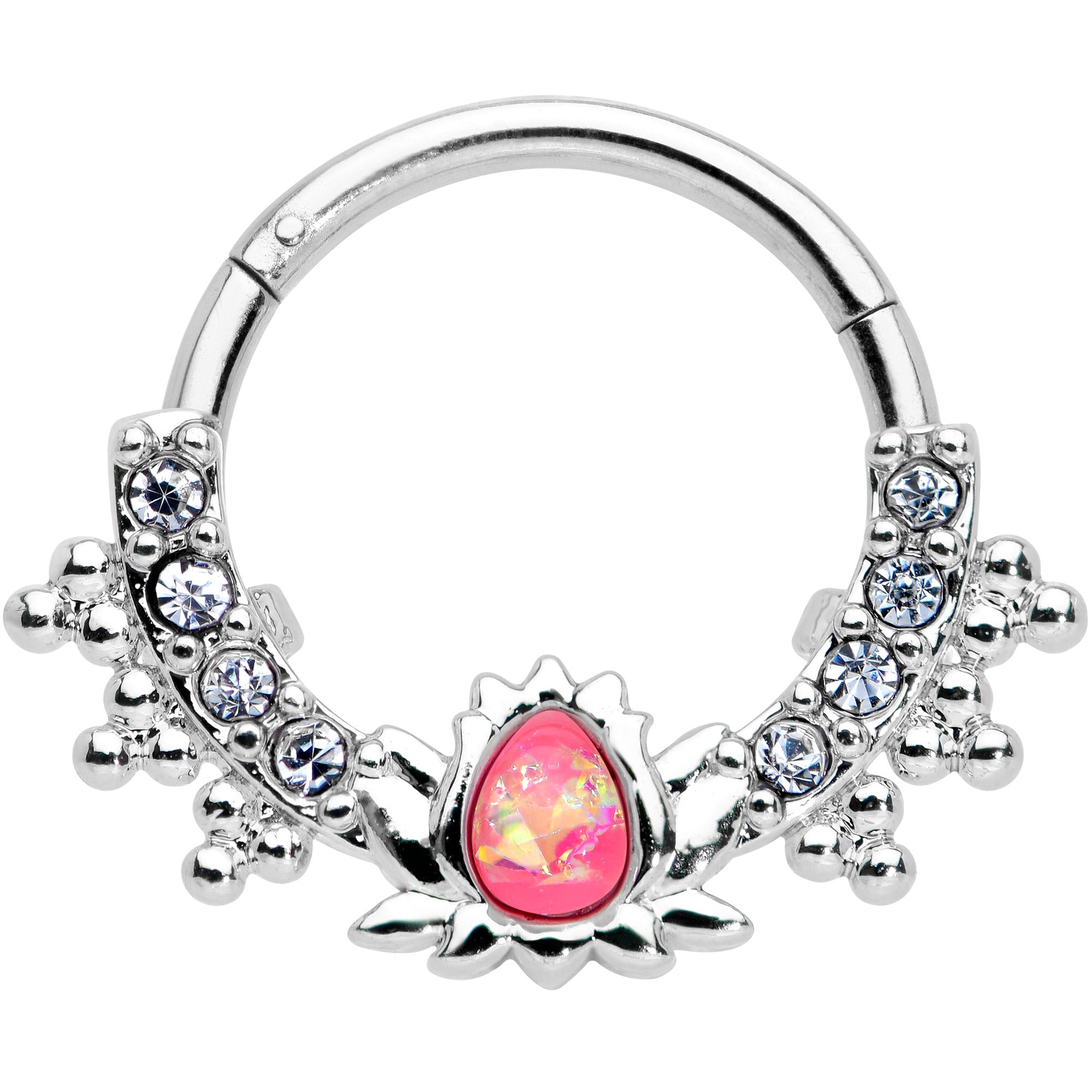 16G 3/8 Pink Faux Opal Stylized Lotus Hinged Segment Ring