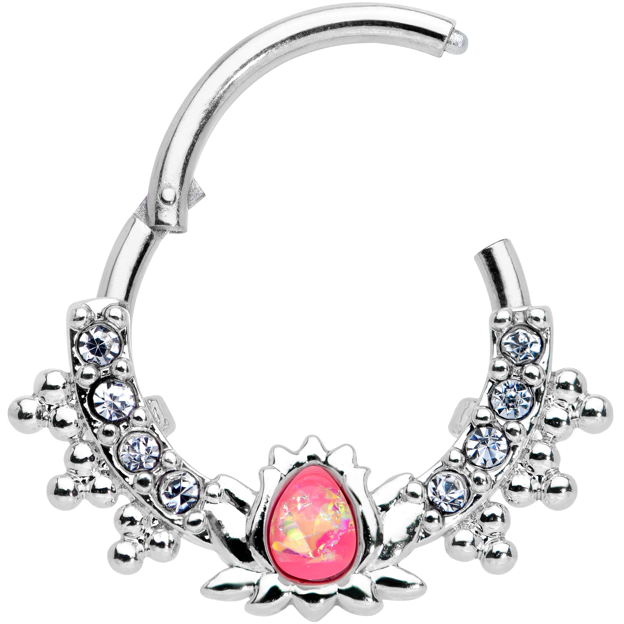 16G 3/8 Pink Faux Opal Stylized Lotus Hinged Segment Ring