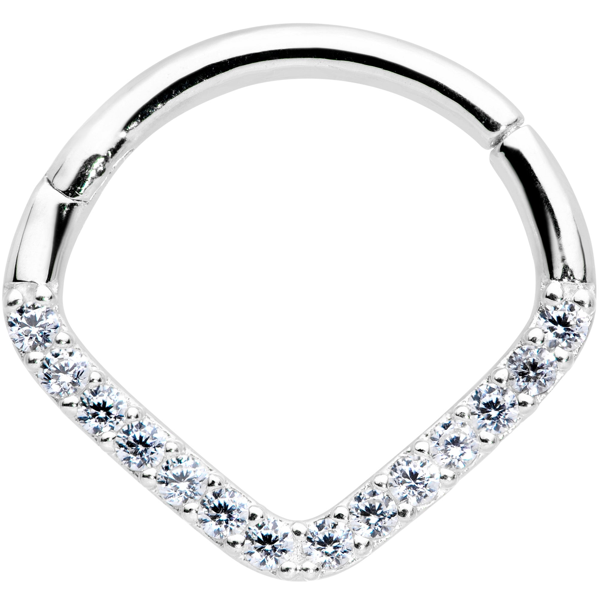 16G 3/8 14k White Gold Clear CZ Gem Chevron Hinged Segment Ring