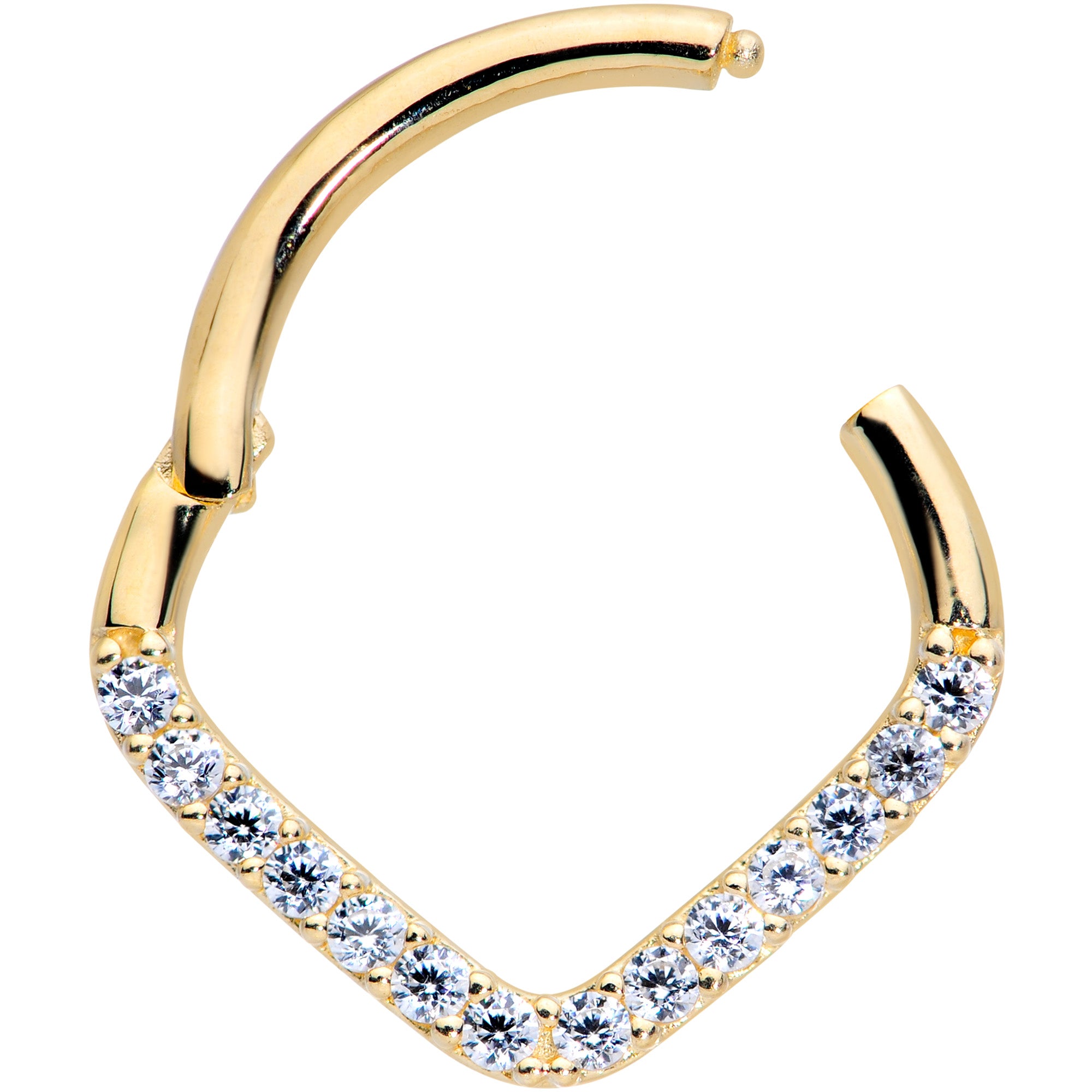 16G 3/8 14k Gold Clear CZ Gem Chevron Hinged Segment Ring