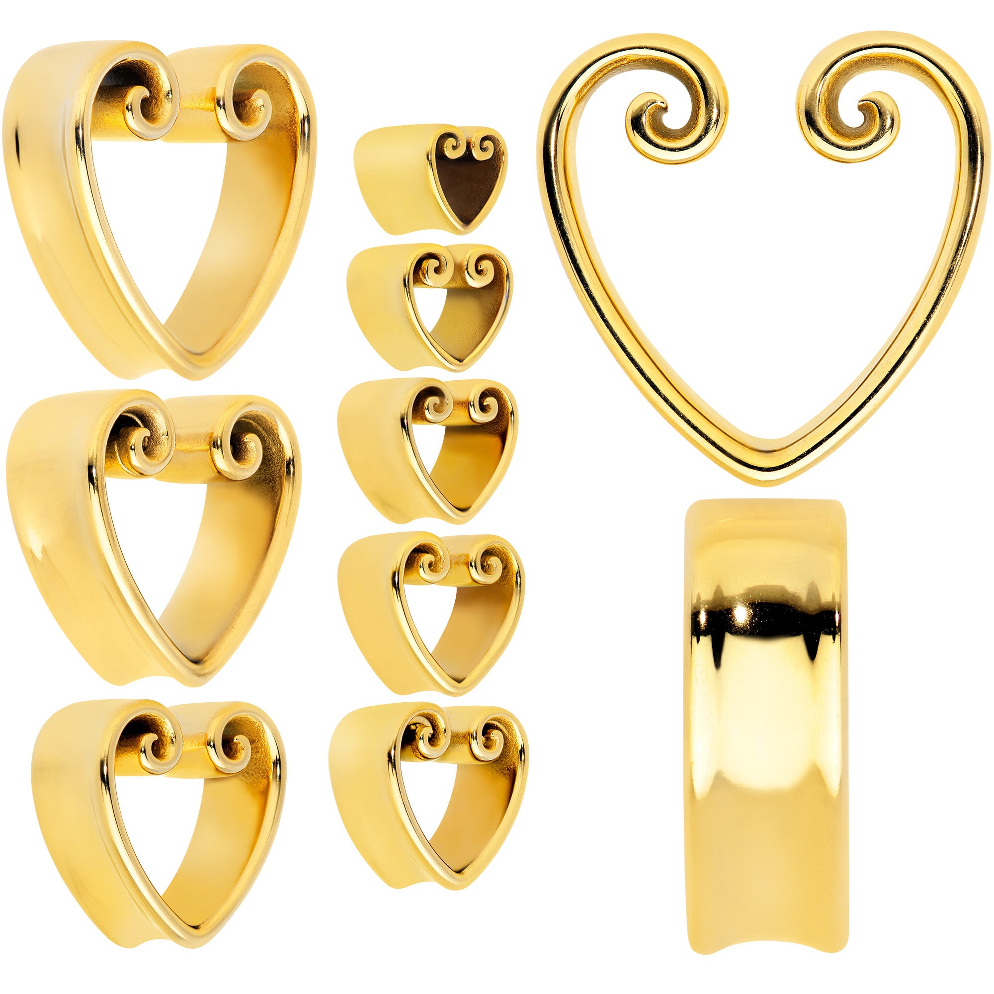 Gold Tone Curled Heart Valentines Day Tunnel Plug Set
