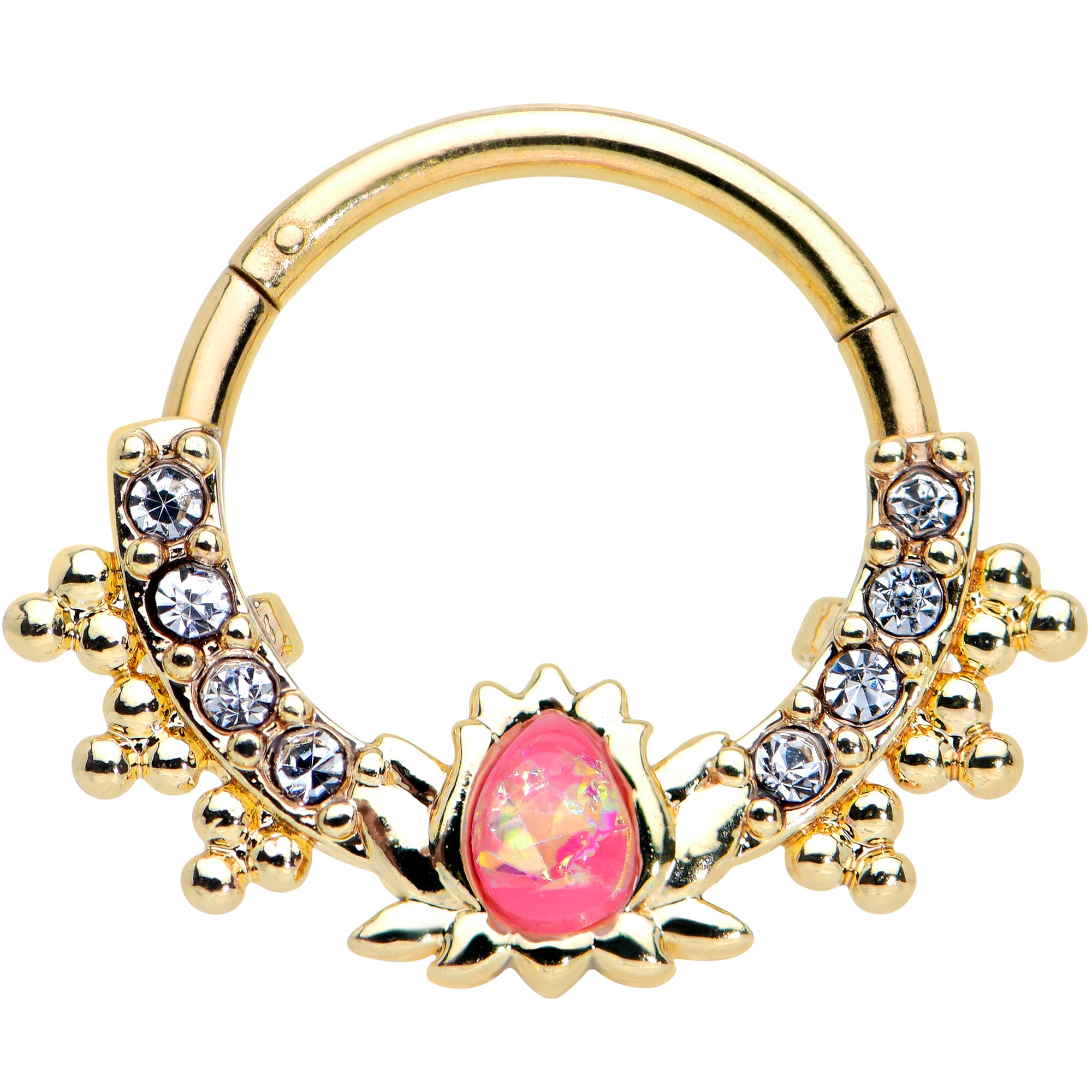 16G 3/8 Pink Faux Opal Gold Tone Style Lotus Hinged Segment Ring