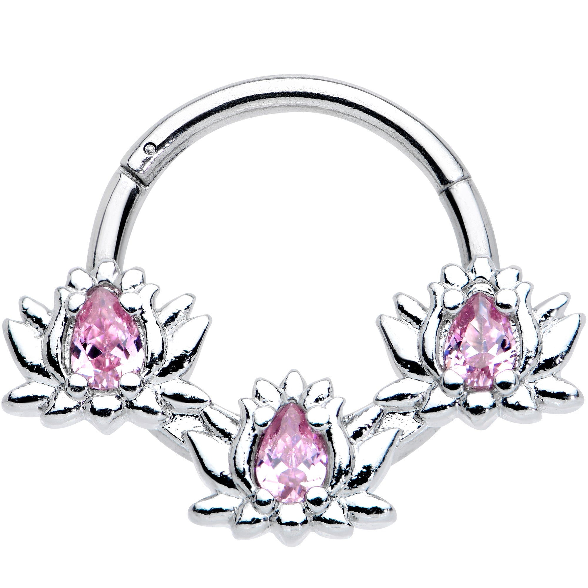 16G 3/8 Pink CZ Gem Triple Lotus Hinged Segment Ring