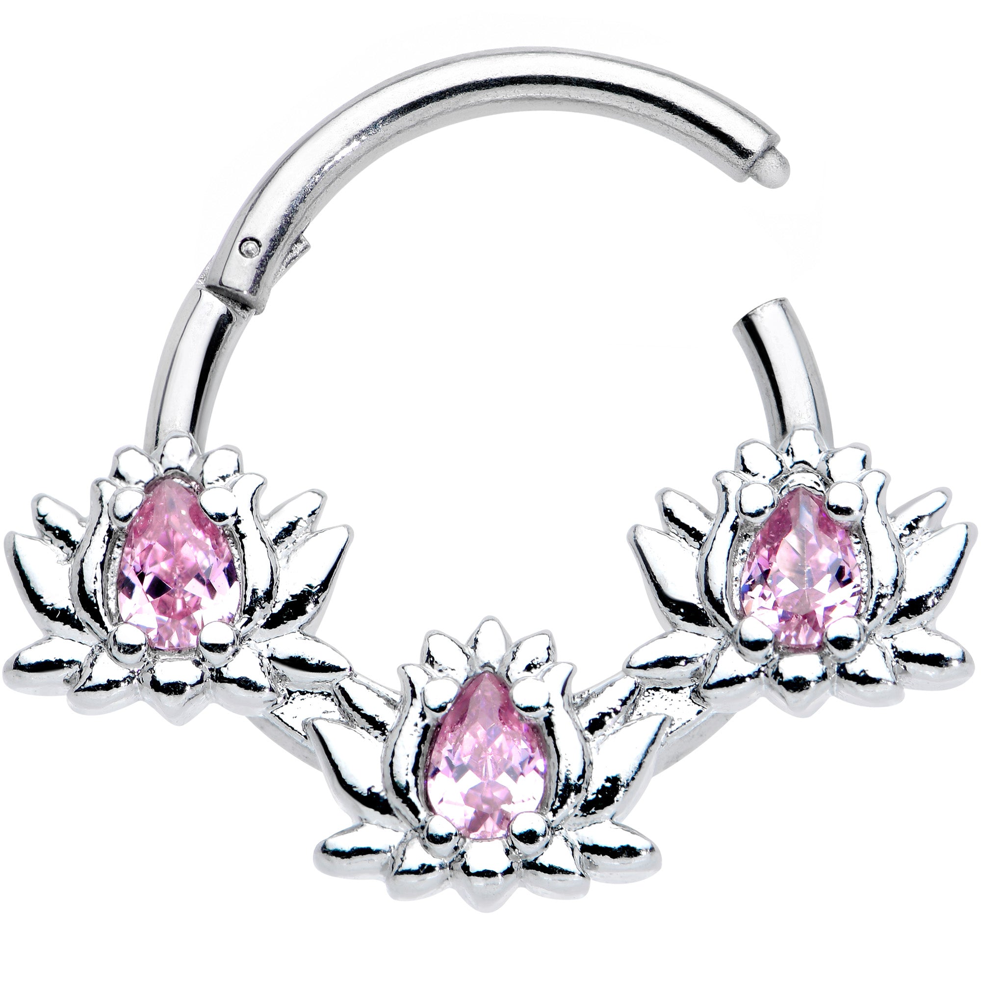 16G 3/8 Pink CZ Gem Triple Lotus Hinged Segment Ring