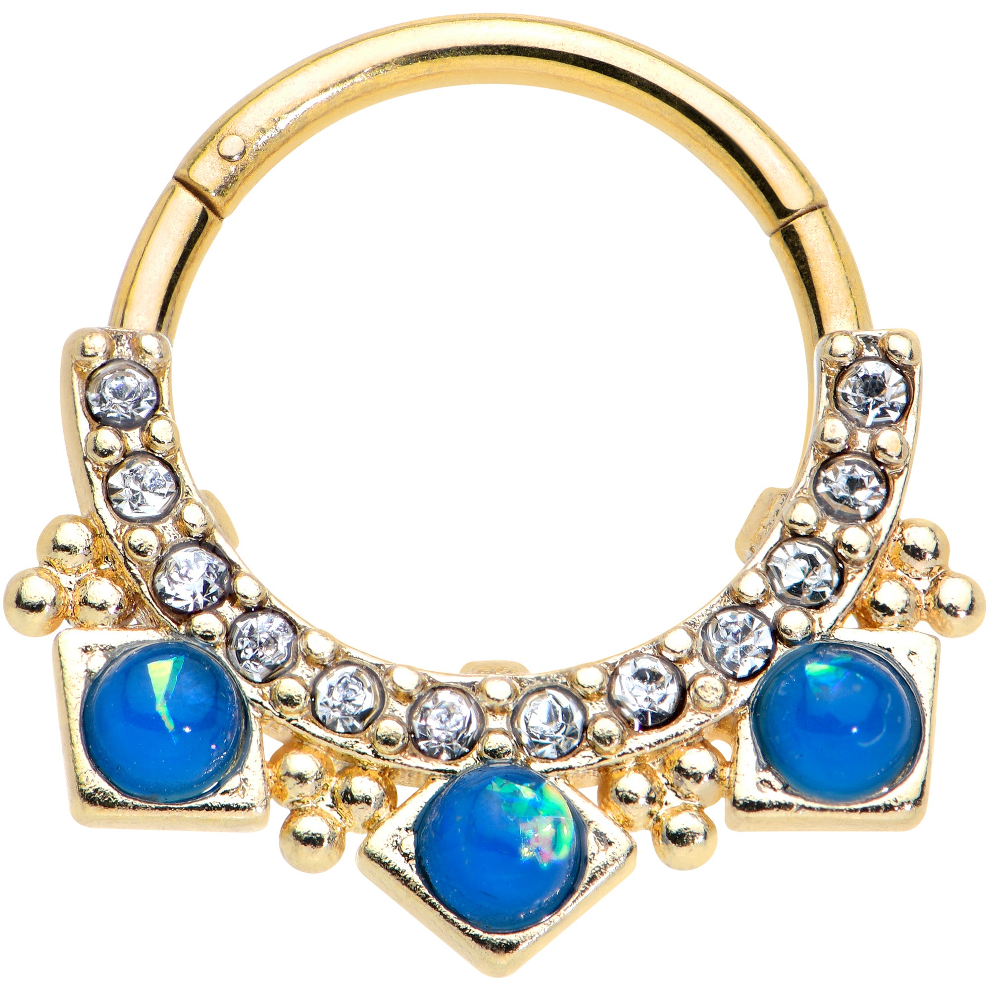 16 Gauge 3/8 Blue Faux Opal Gold Tone Squares Hinged Segment Ring
