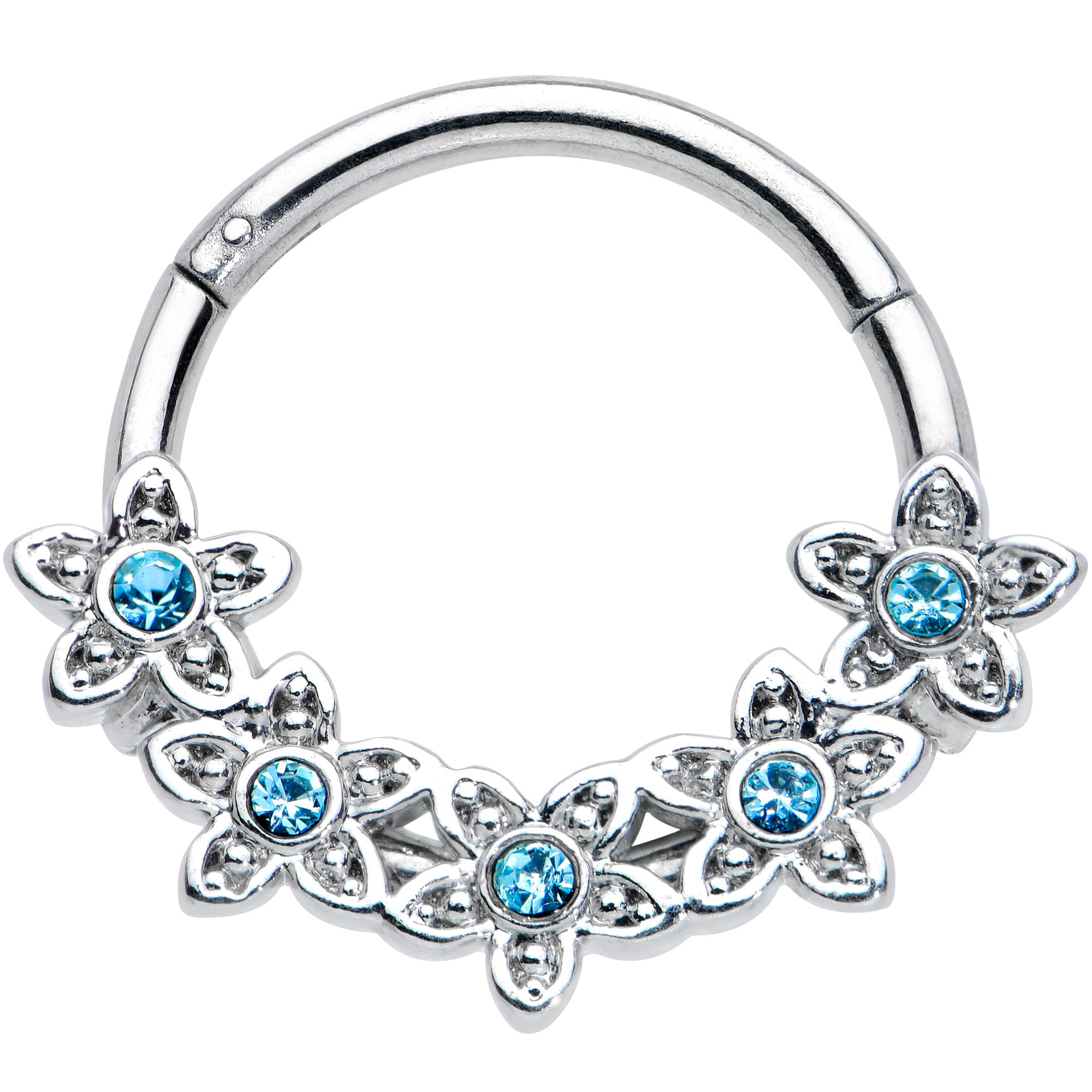 16G 3/8 Blue Gem Foxy Floral Hinged Segment Ring