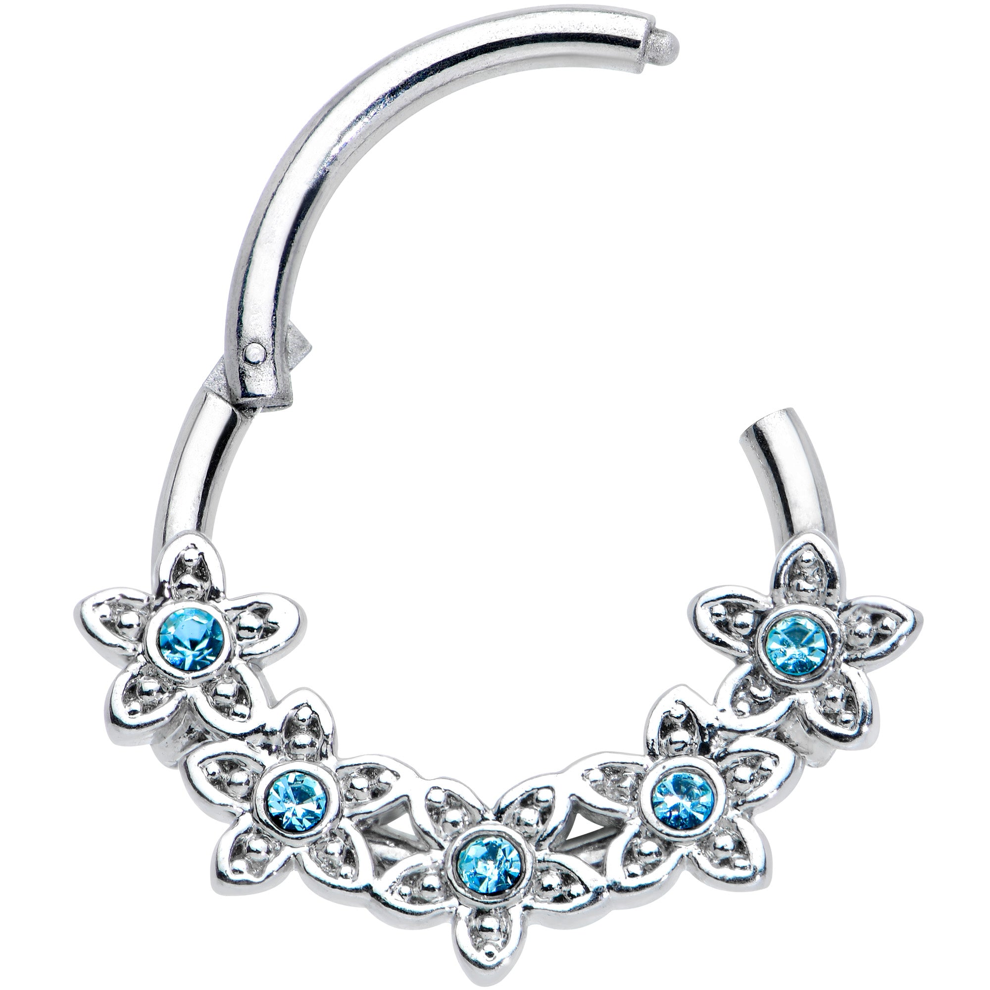 16G 3/8 Blue Gem Foxy Floral Hinged Segment Ring