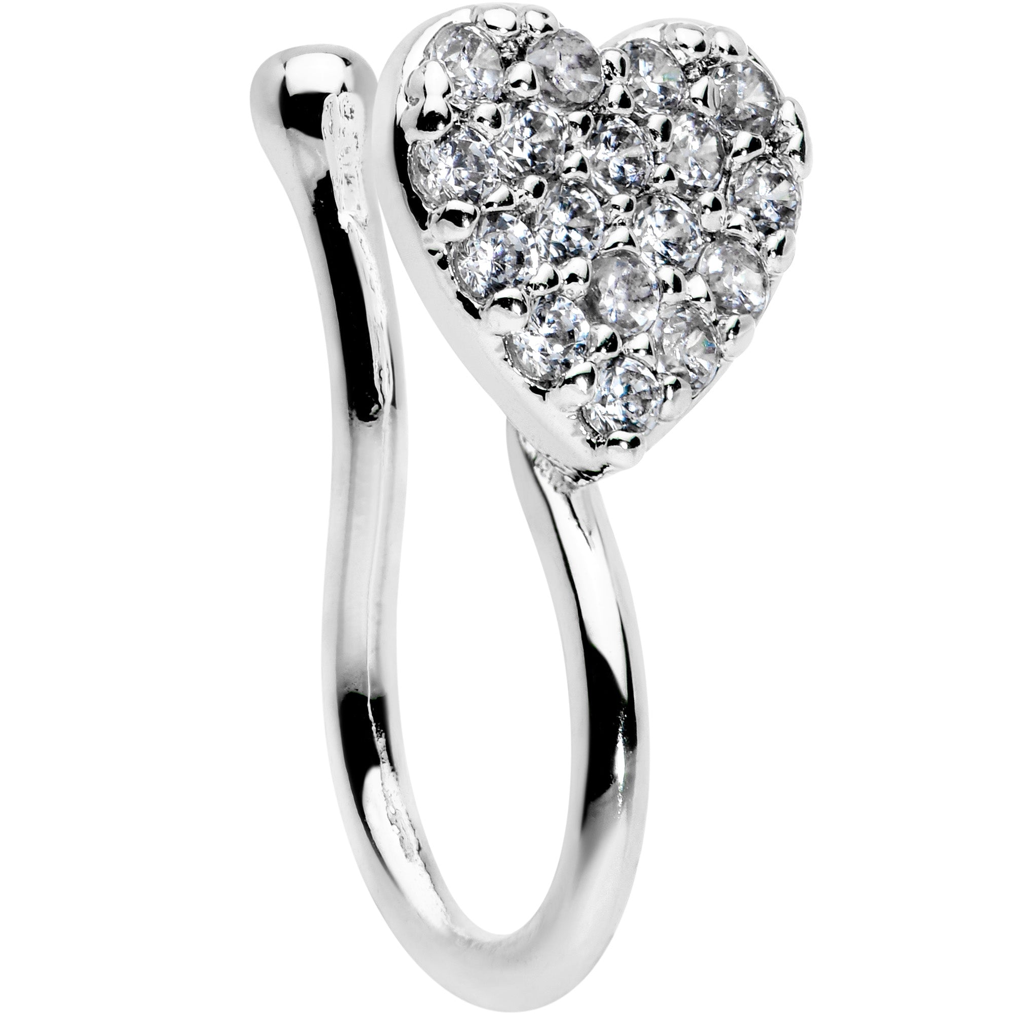 Clear CZ Gem Paved Heart Clip On Fake Nose Ring