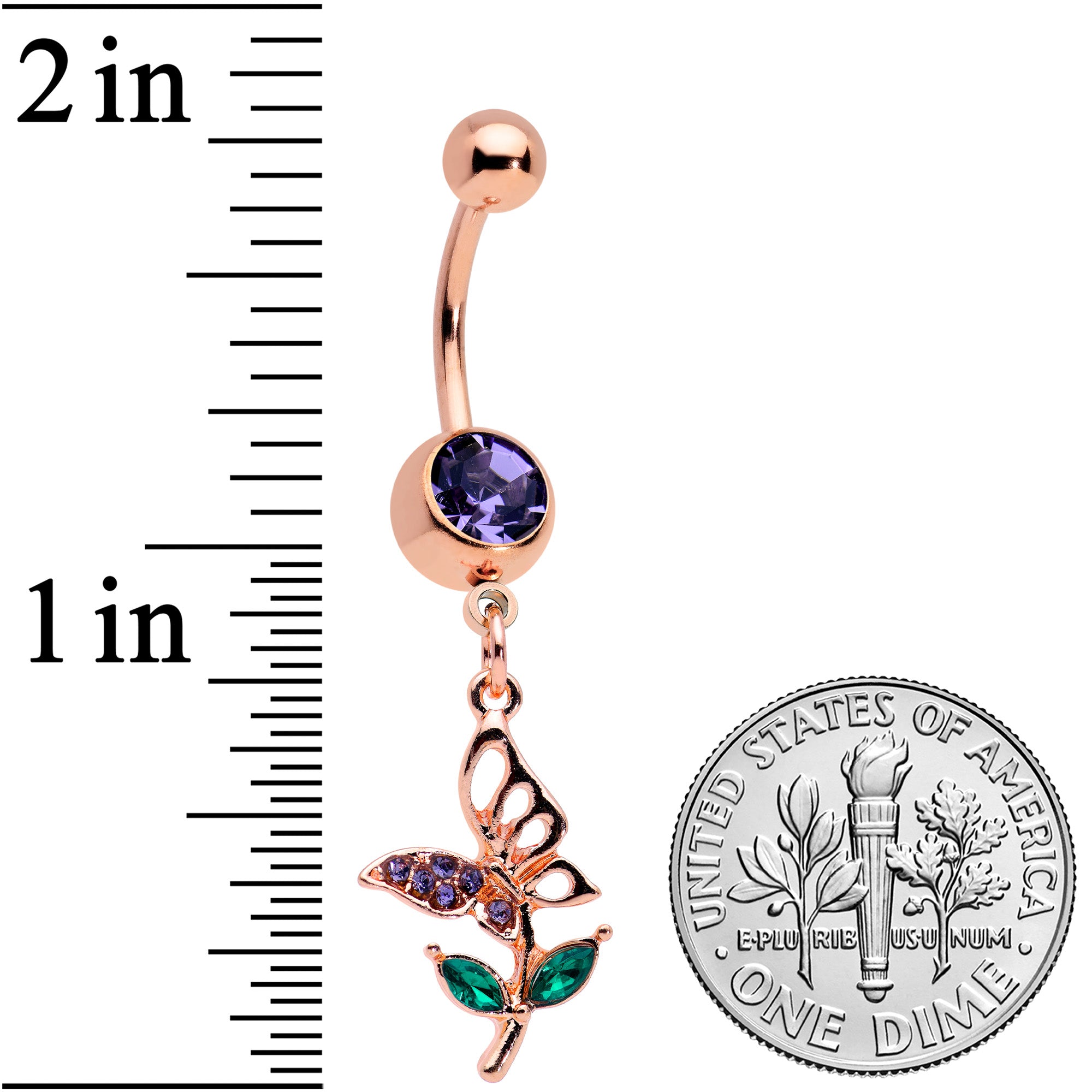 Purple Gem Rose Gold Tone Perching Floral Butterfly Dangle Belly Ring