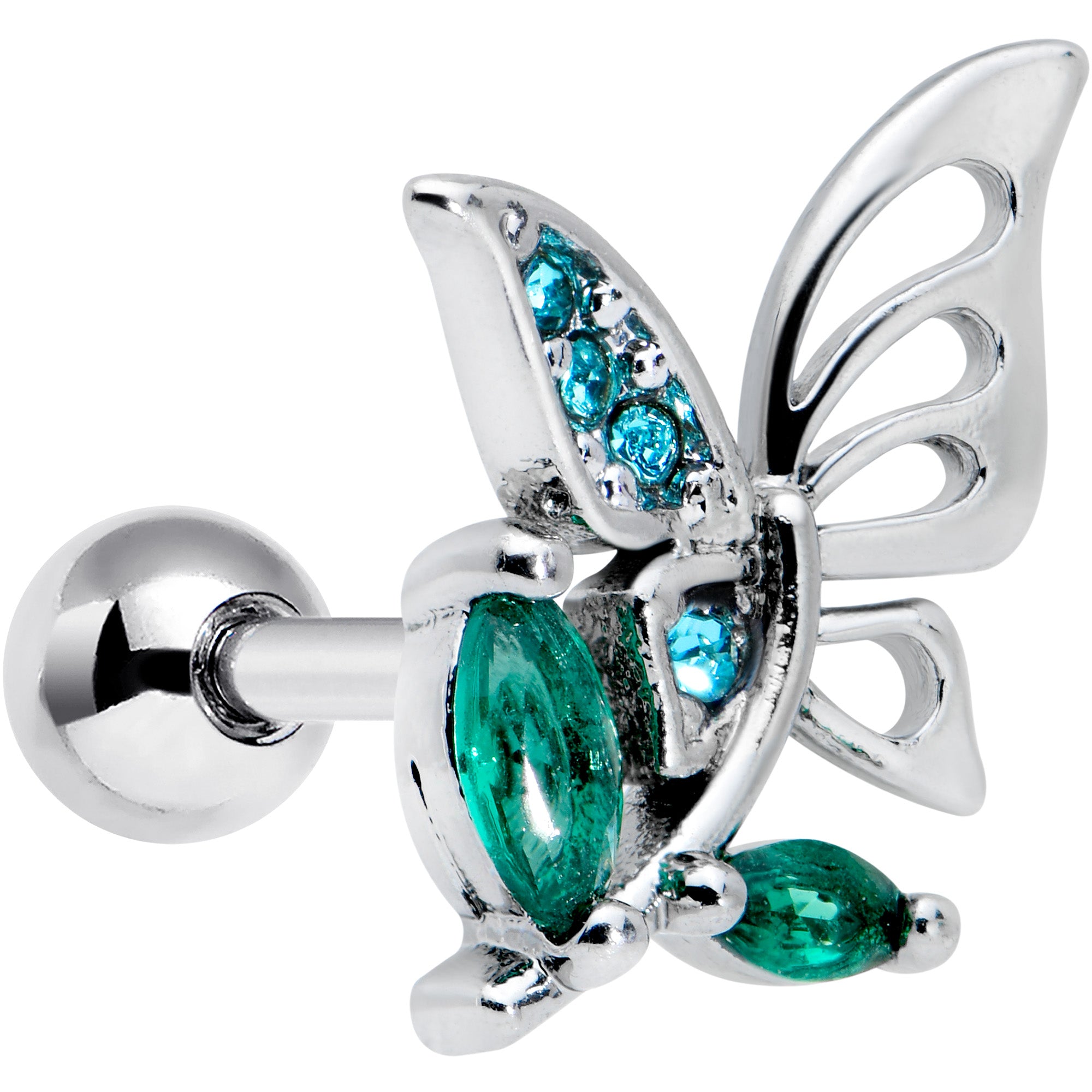 16G 1/4 Blue Green Gem Floral Butterfly Cartilage Tragus Earring