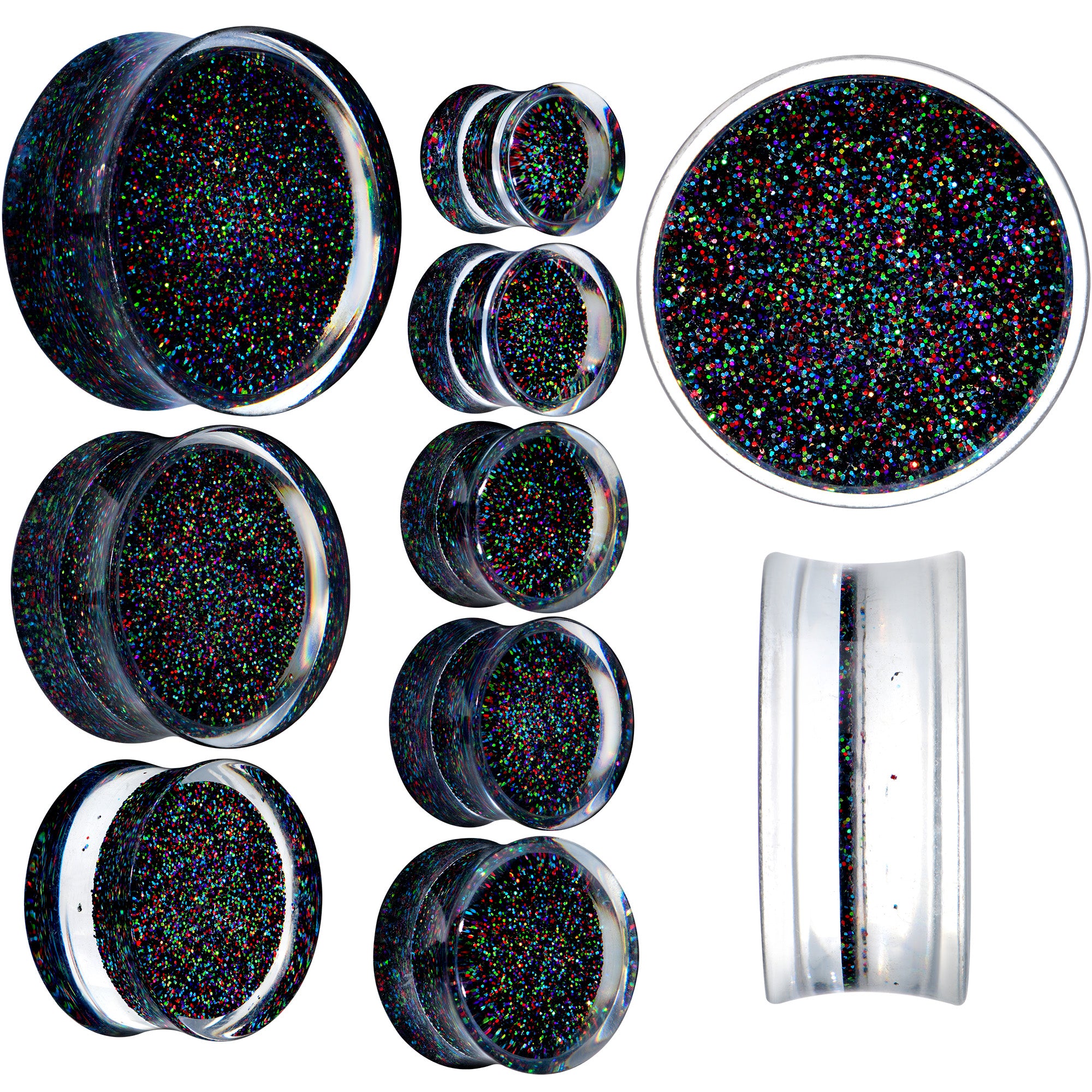 Clear Black Acrylic Rainbow Glitter Glam Saddle Plug Set