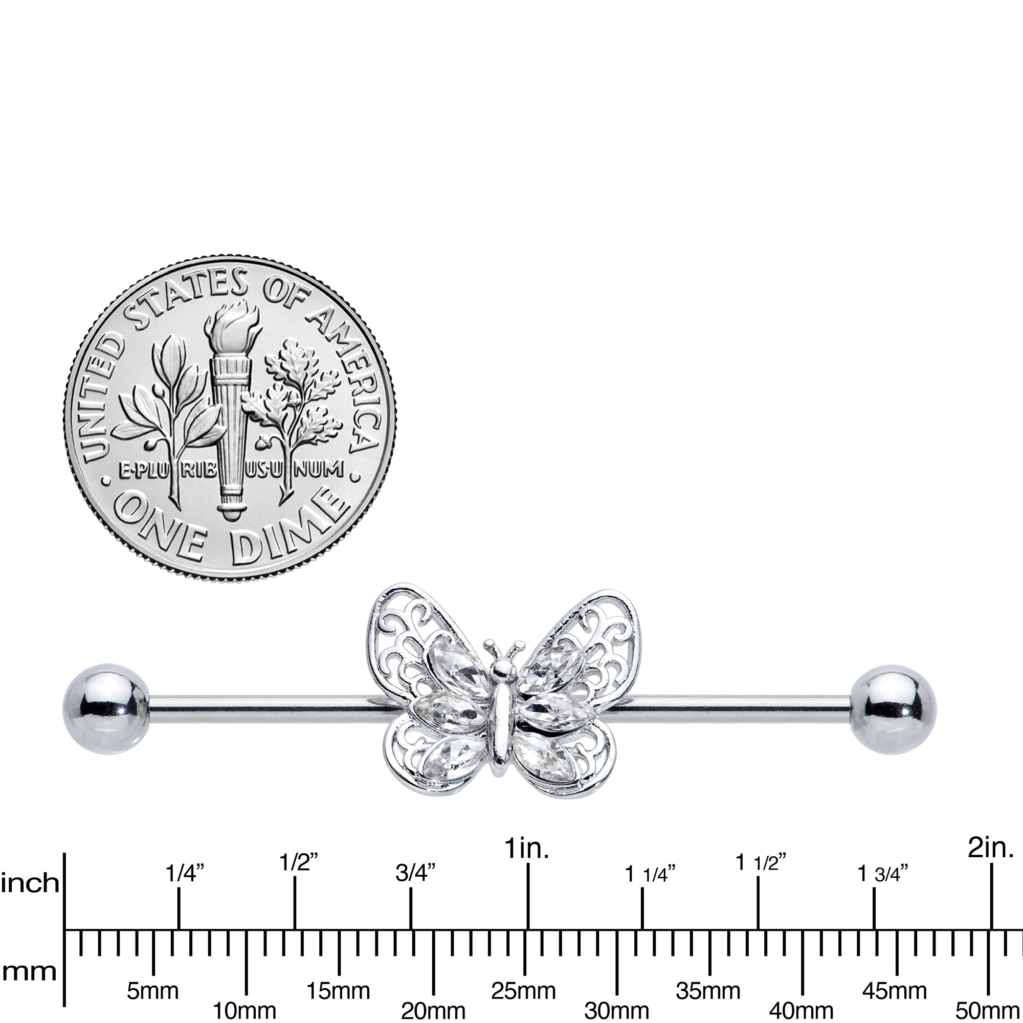14 Gauge Clear Gem Lacy Butterfly Industrial Barbell 38mm