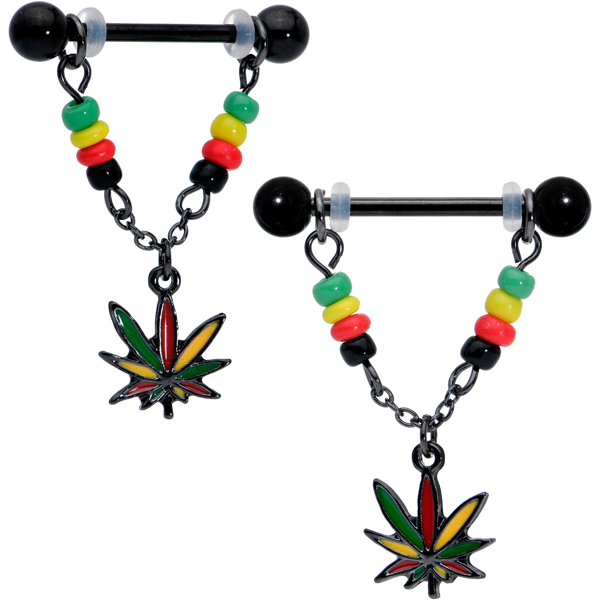 14G 9/16 Black Multicolor Pot Leaf Dangle Barbell Nipple Ring Set