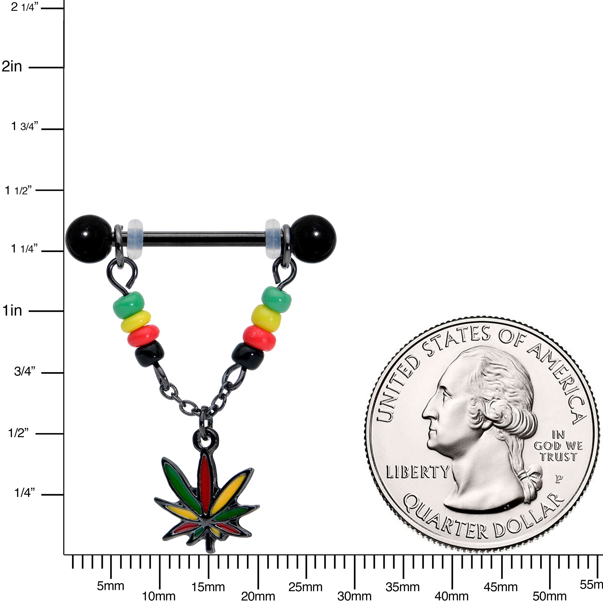 14G 9/16 Black Multicolor Pot Leaf Dangle Barbell Nipple Ring Set
