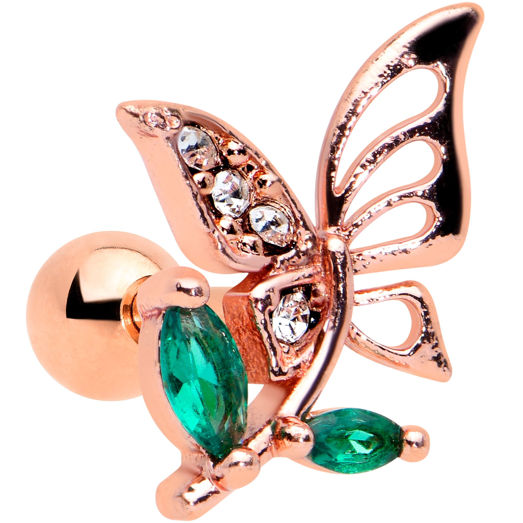 16G 1/4 Clear Gem Rose Gold Hue Floral Butterfly Cartilage Tragus