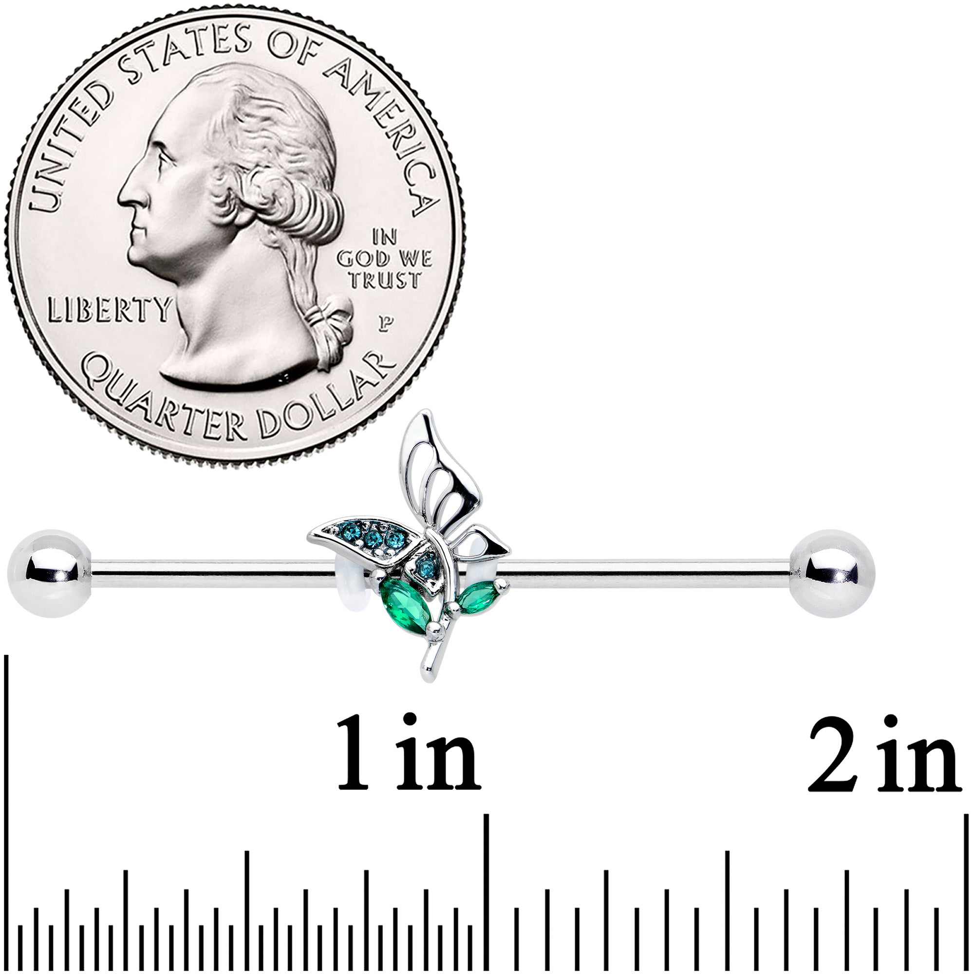 14G Blue Green Gem Floral Butterfly Industrial Barbell 38mm