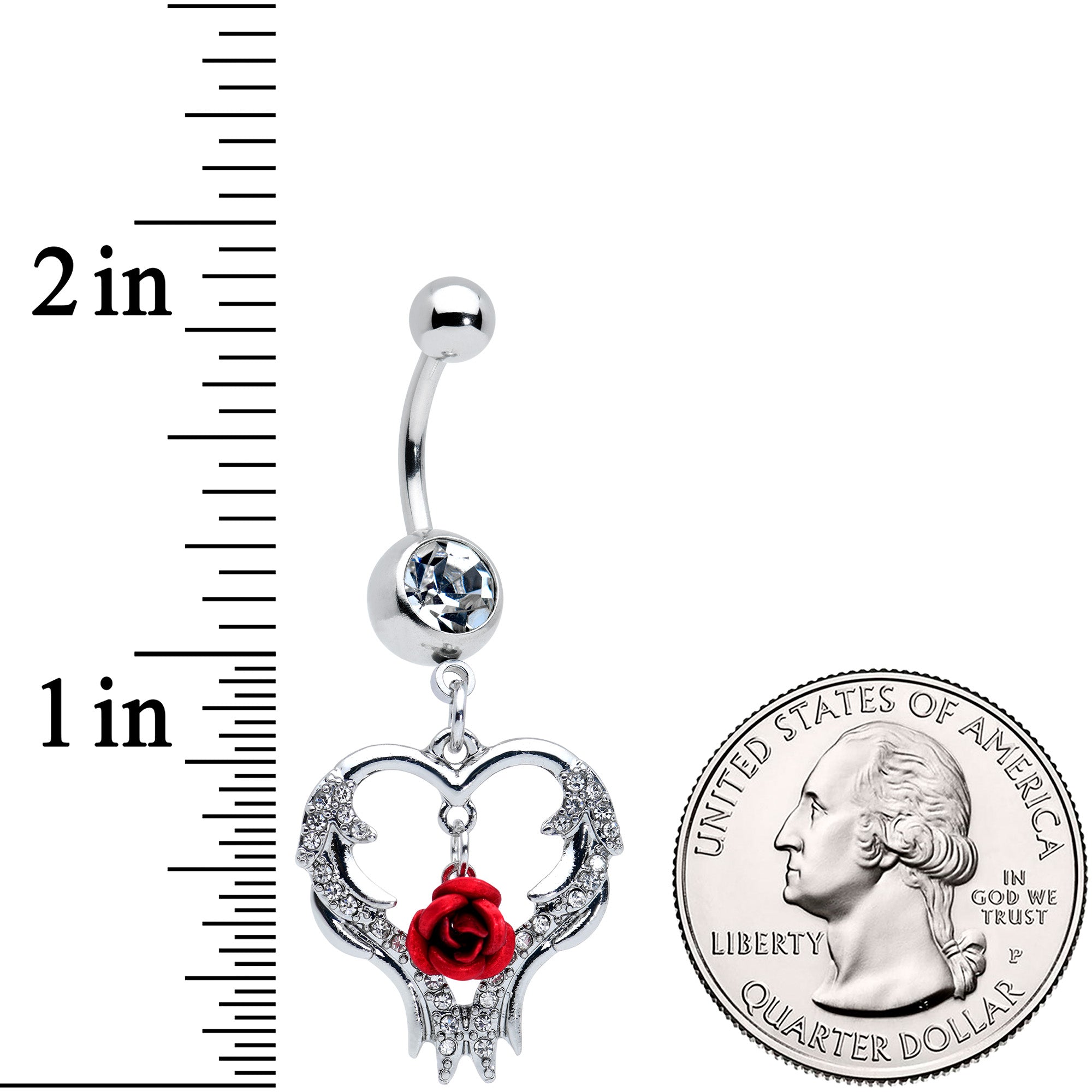Clear Gem Heart Red Rose Valentines Day Dangle Belly Ring