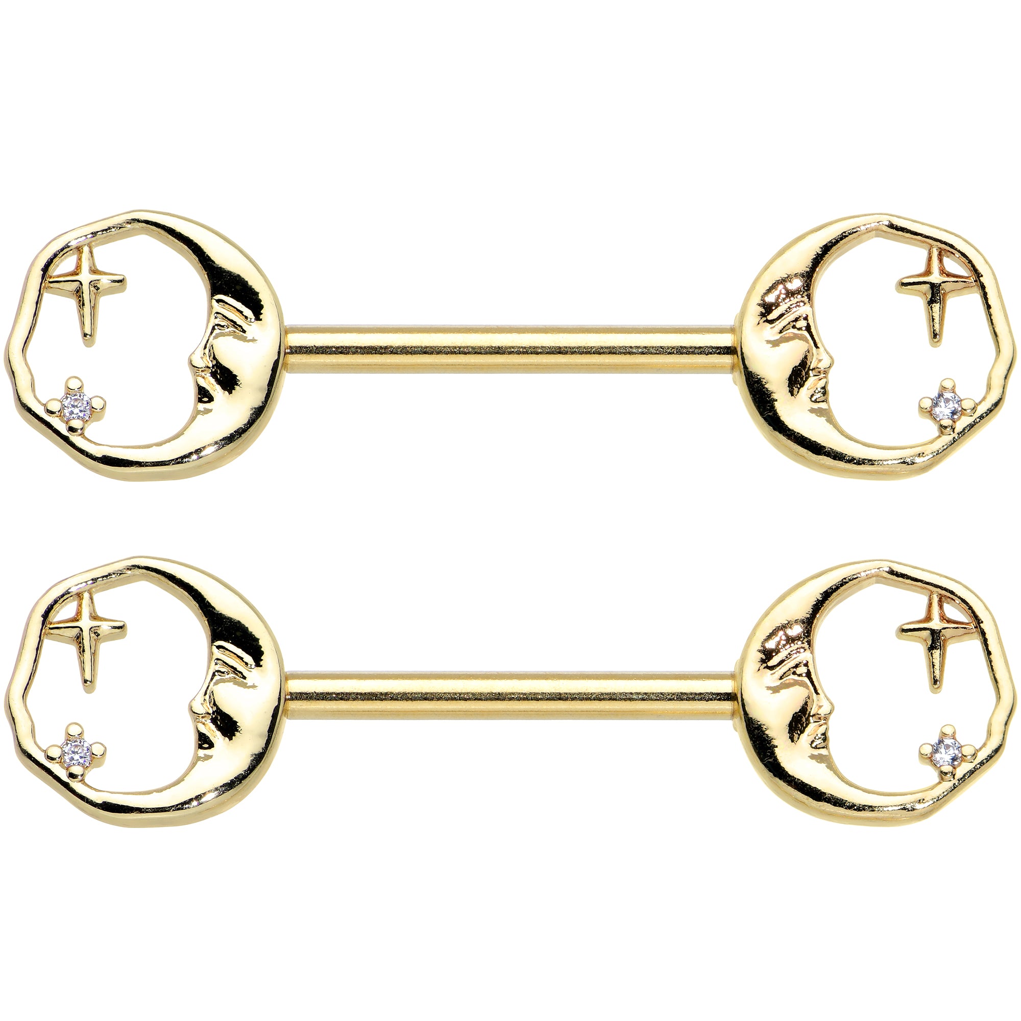 14 Gauge 9/16 Gold Tone Face Crescent Moon Barbell Nipple Ring Set