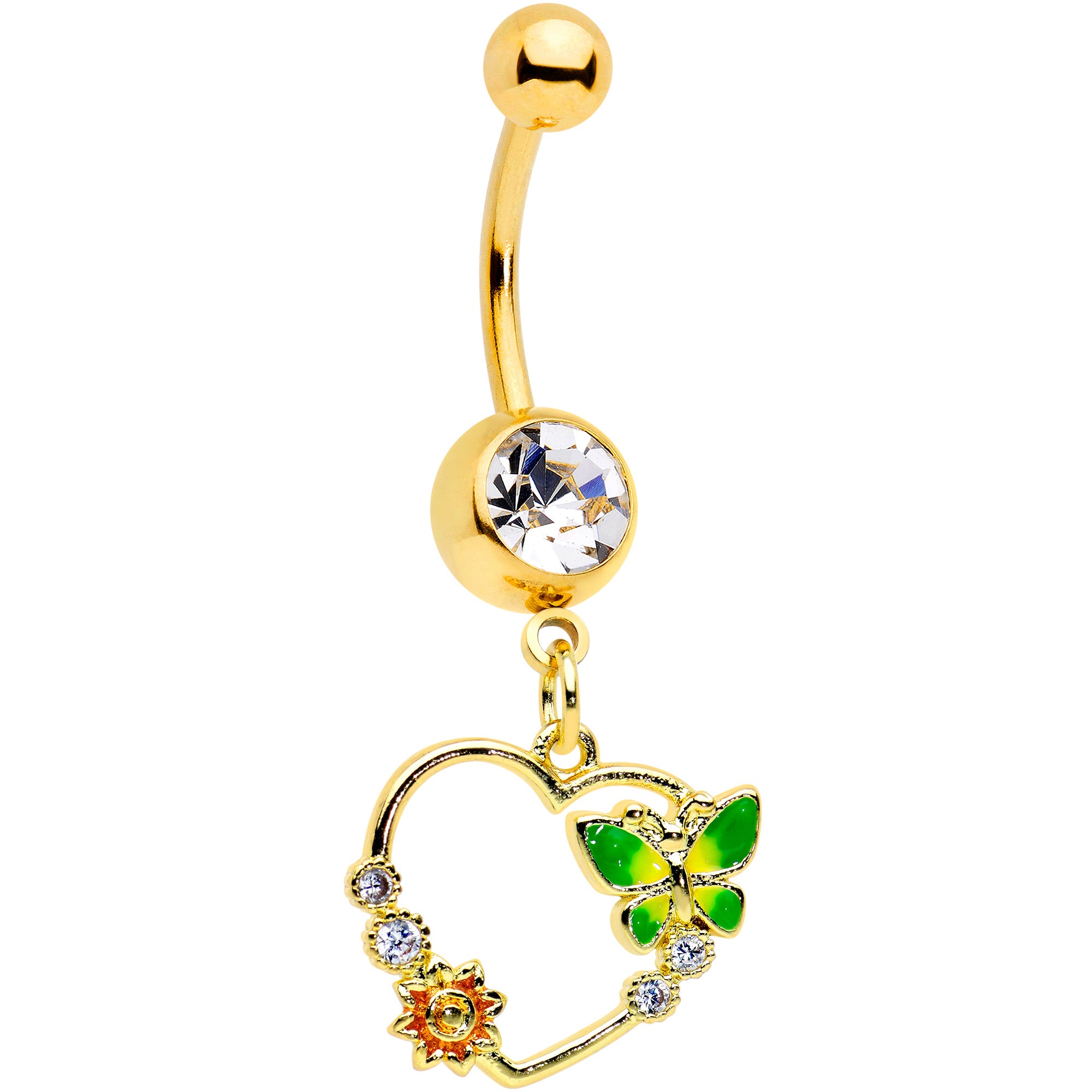 Clear CZ Gem Gold Tone Butterfly Heart Dangle Belly Ring
