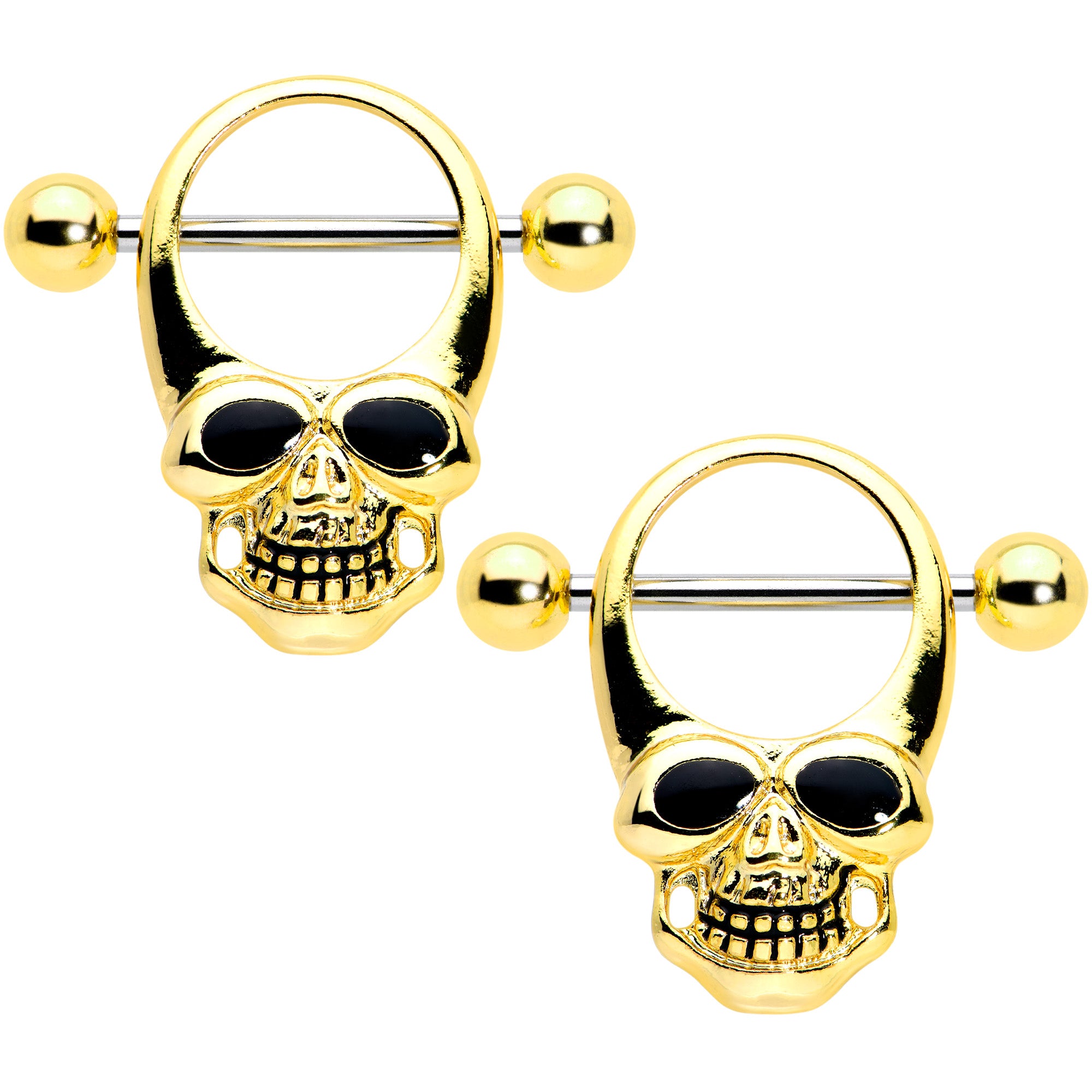 14G 1/2 Gold Tone Grinning Skull Nipple Shield Set