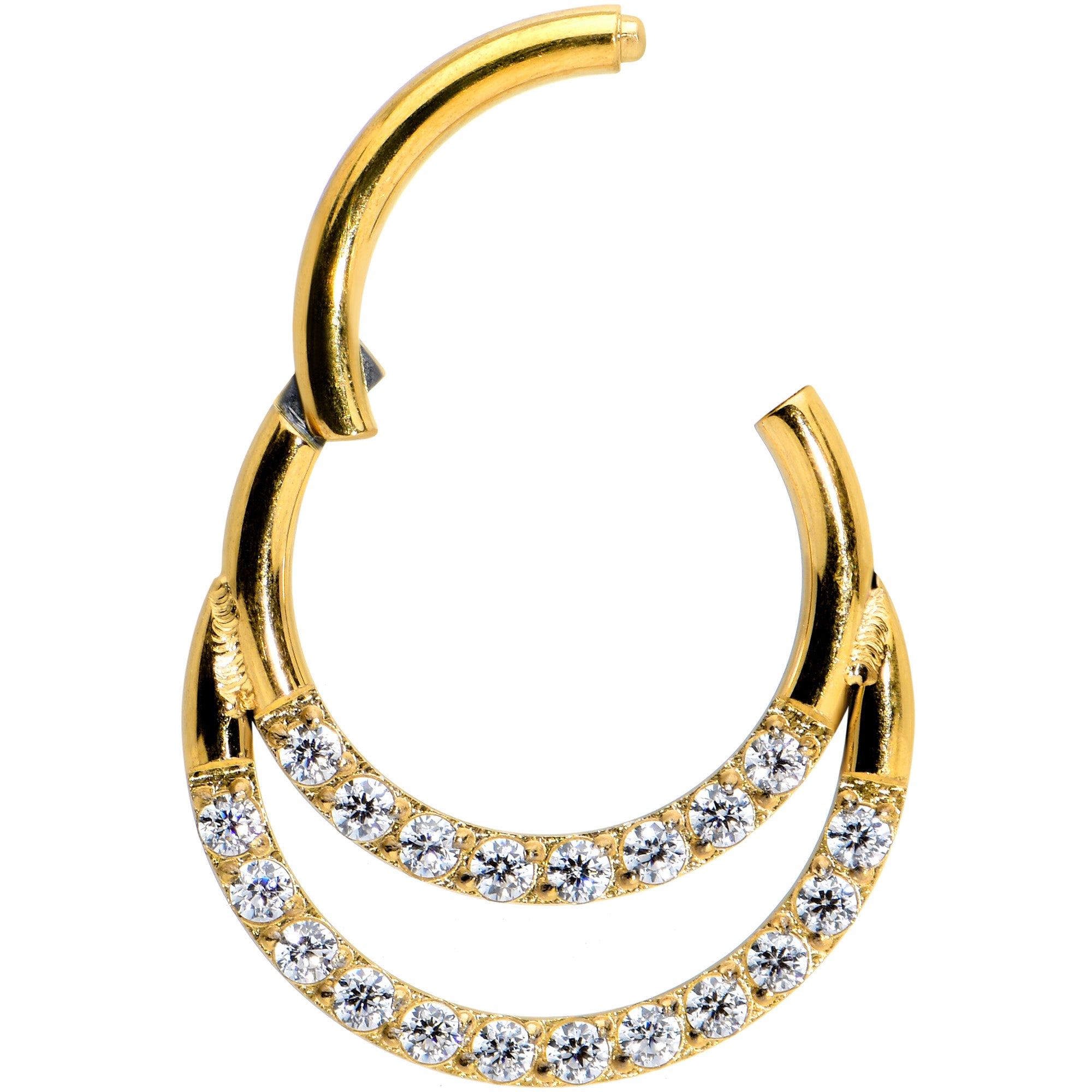 16G 5/16 Clear CZ Gem Gold Tone Double Row Hinged Segment Ring