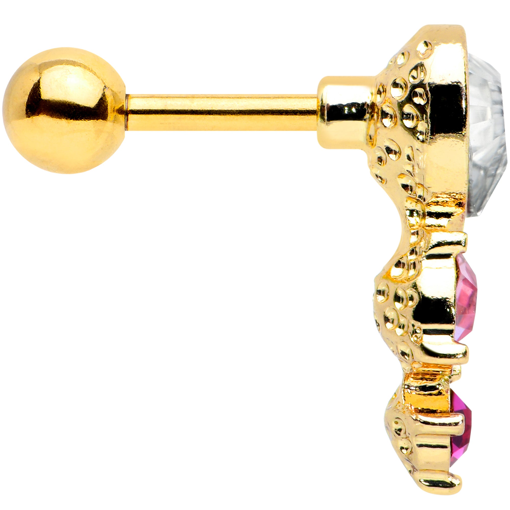 16G 1/4 Clear Pink Gem Gold Tone Heart Cartilage Tragus Earring