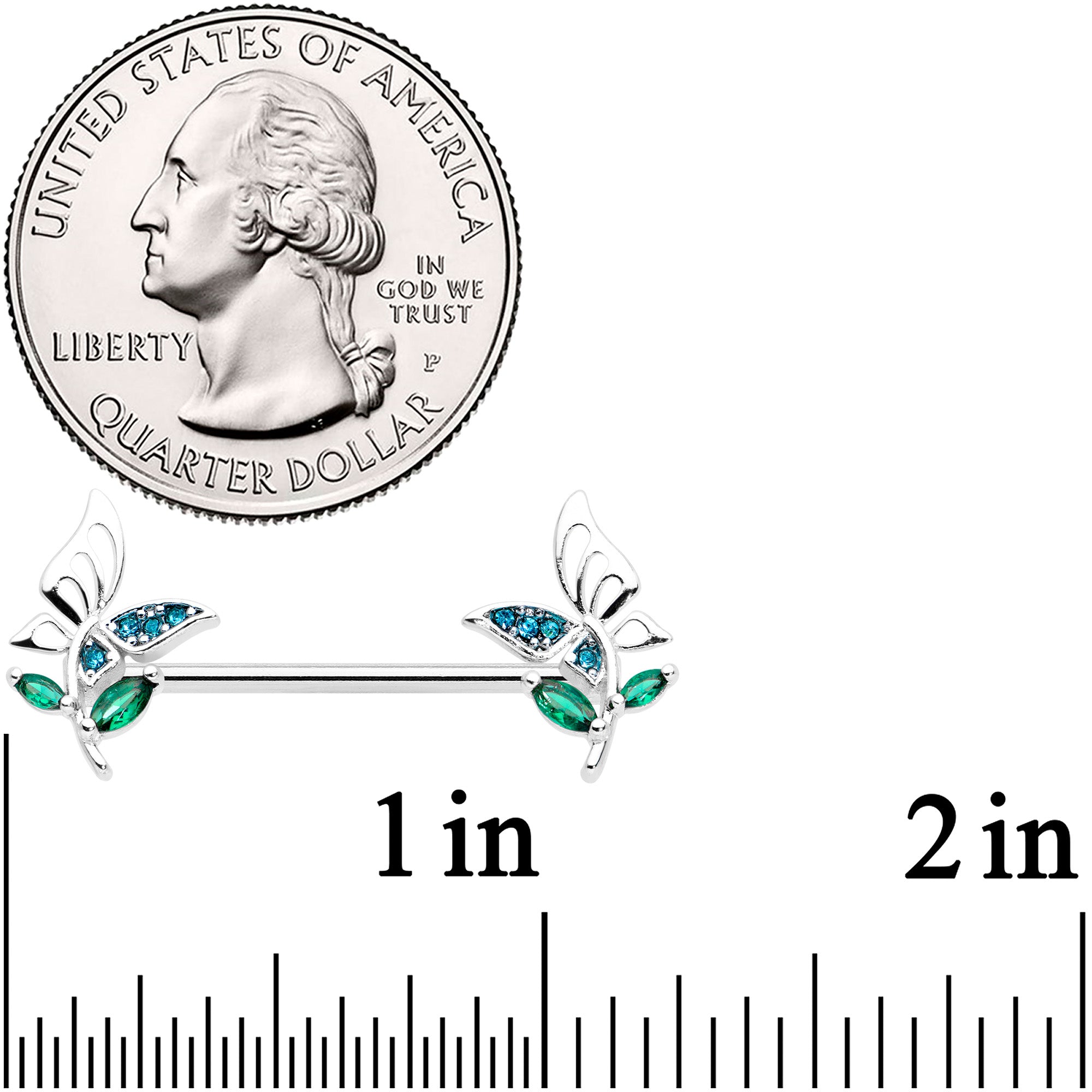 14 Gauge 9/16 Blue Green Gem Floral Butterfly Nipple Ring Set