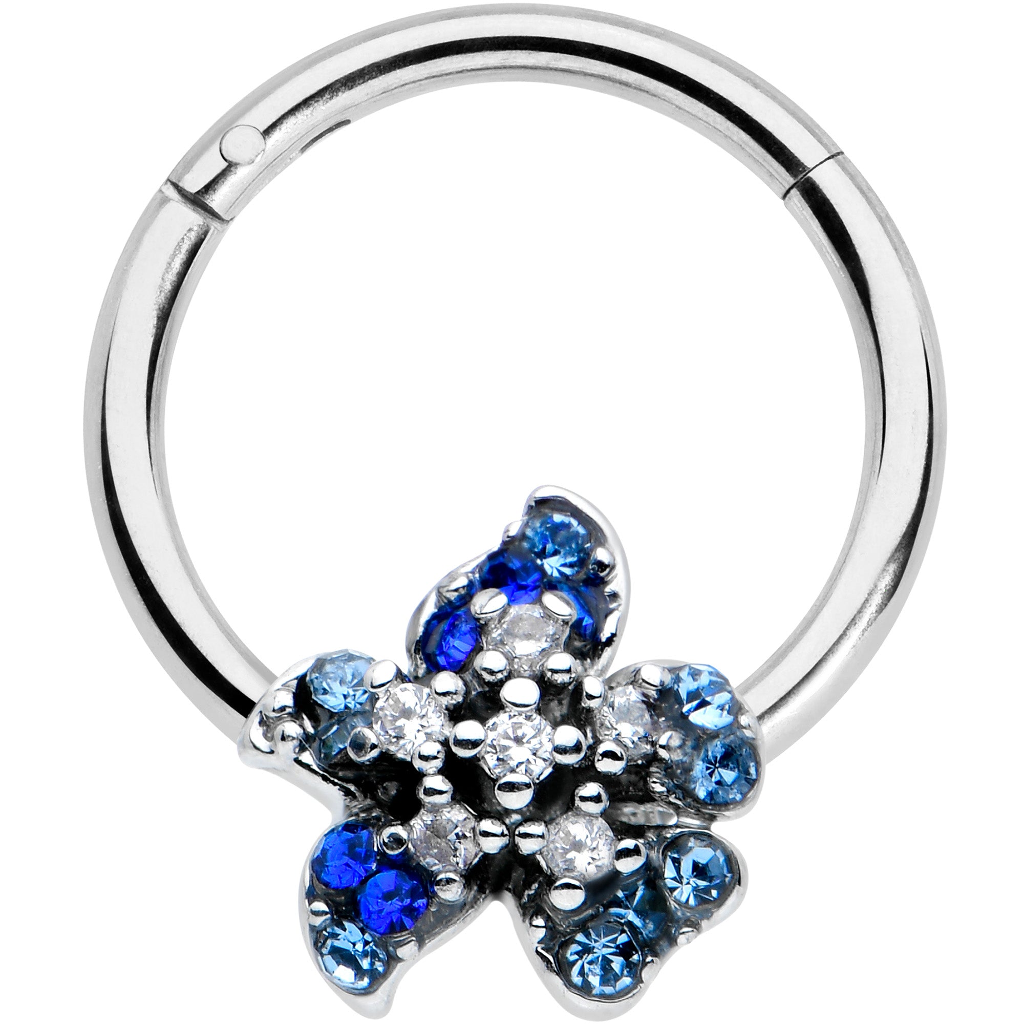 16G 3/8 Clear Blue Gem Evening Flower Hinged Segment Ring