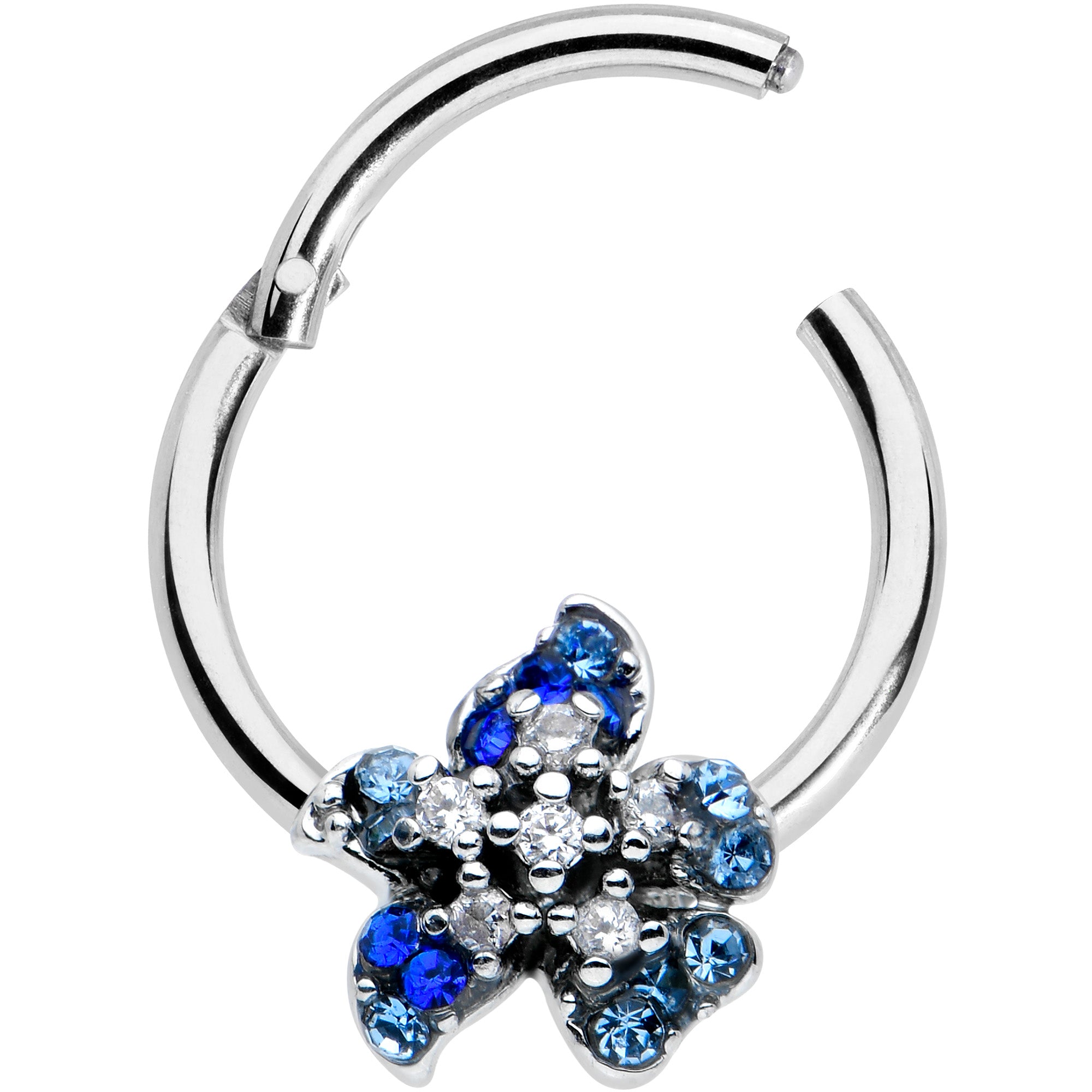16G 3/8 Clear Blue Gem Evening Flower Hinged Segment Ring
