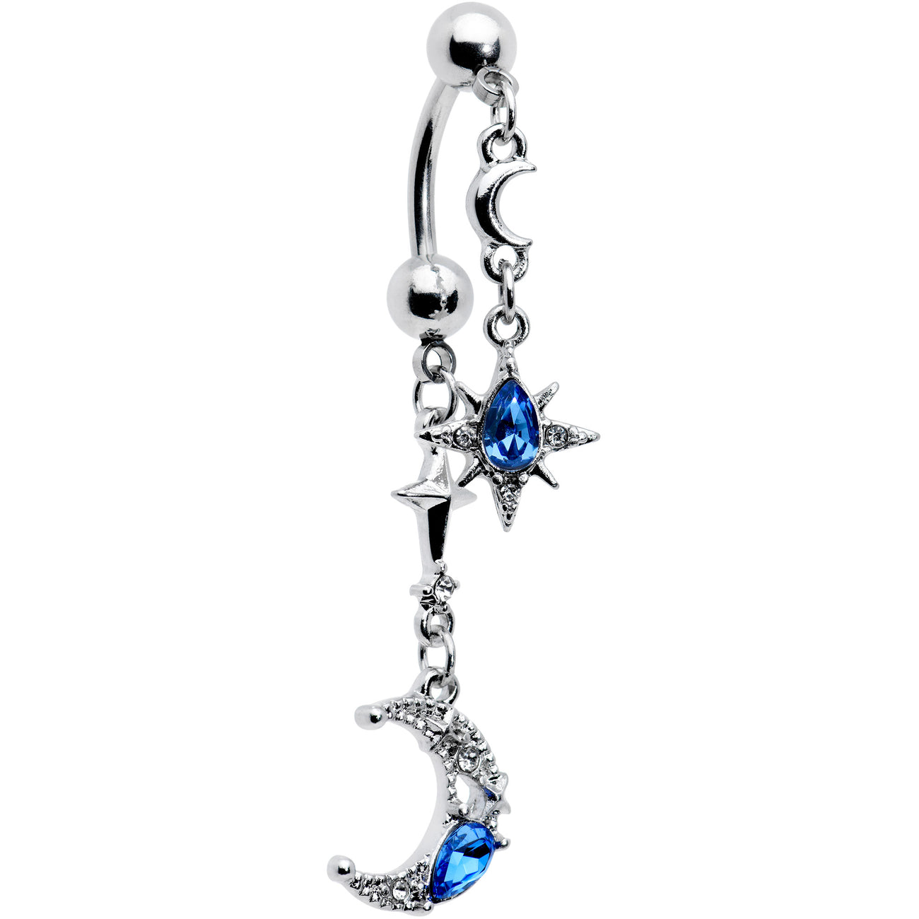 Clear Blue Gem Crescent Moon Star Double Mount Dangle Belly Ring