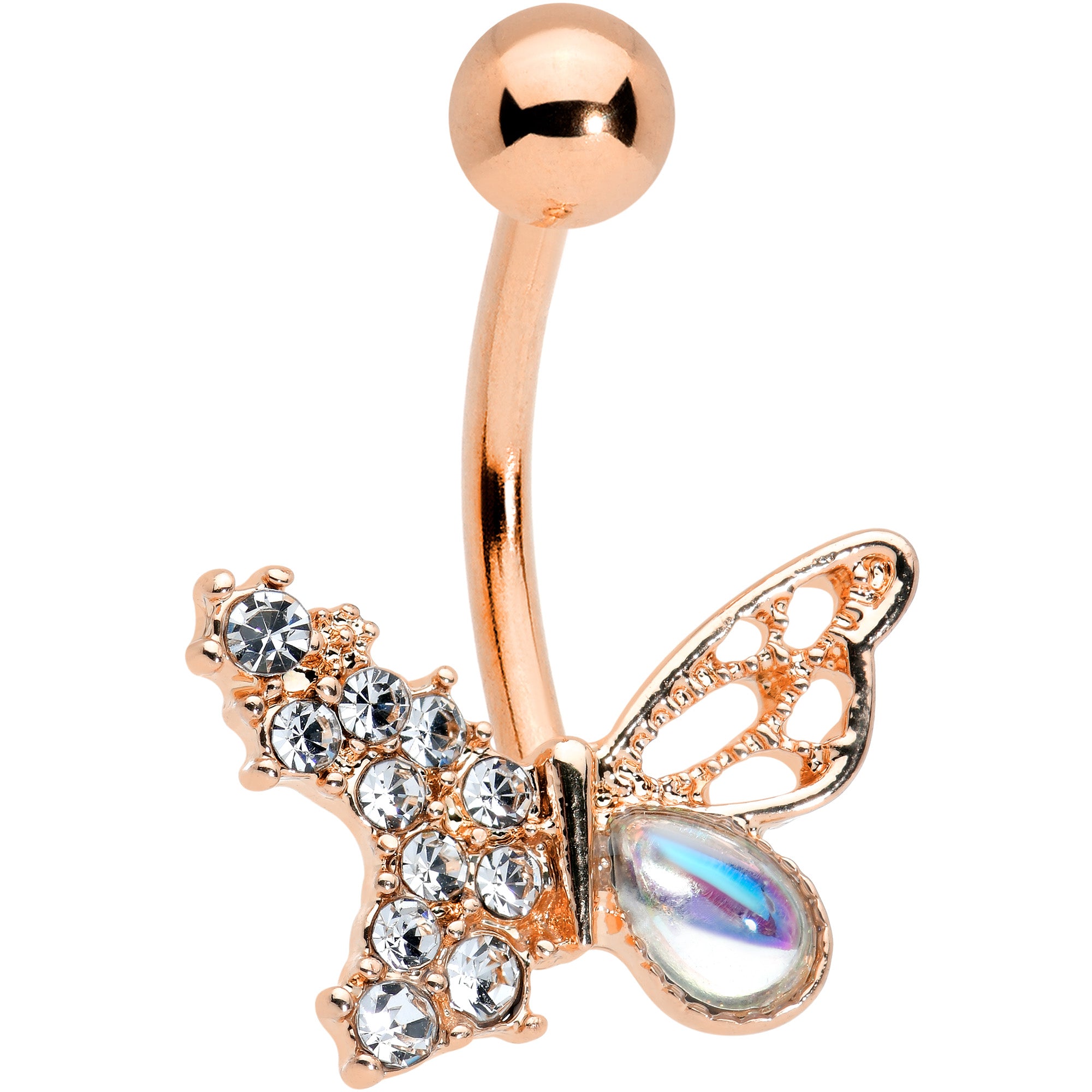 Clear Aurora Gem Rose Gold Tone Super Glam Butterfly Belly Ring