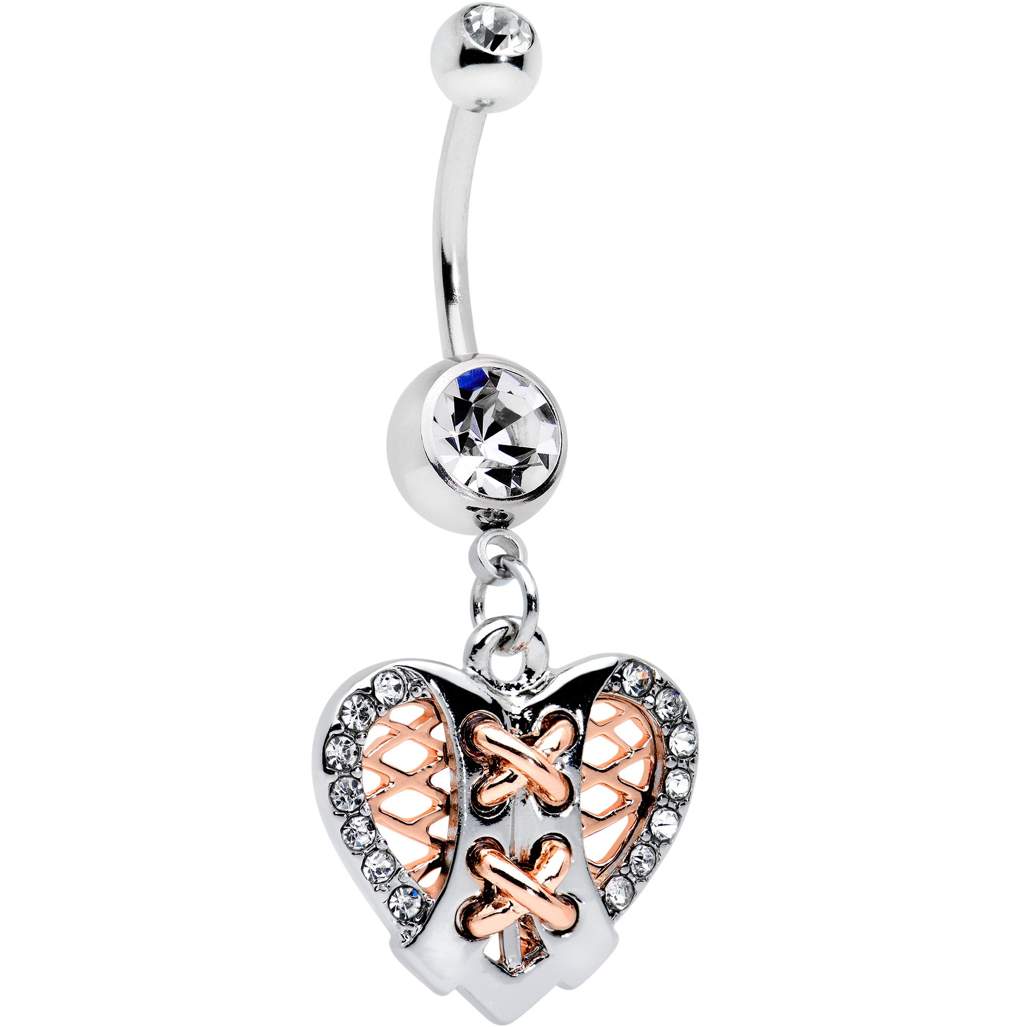 Clear CZ Gem Tie Me Up Corset Heart Valentines Day Dangle Belly Ring