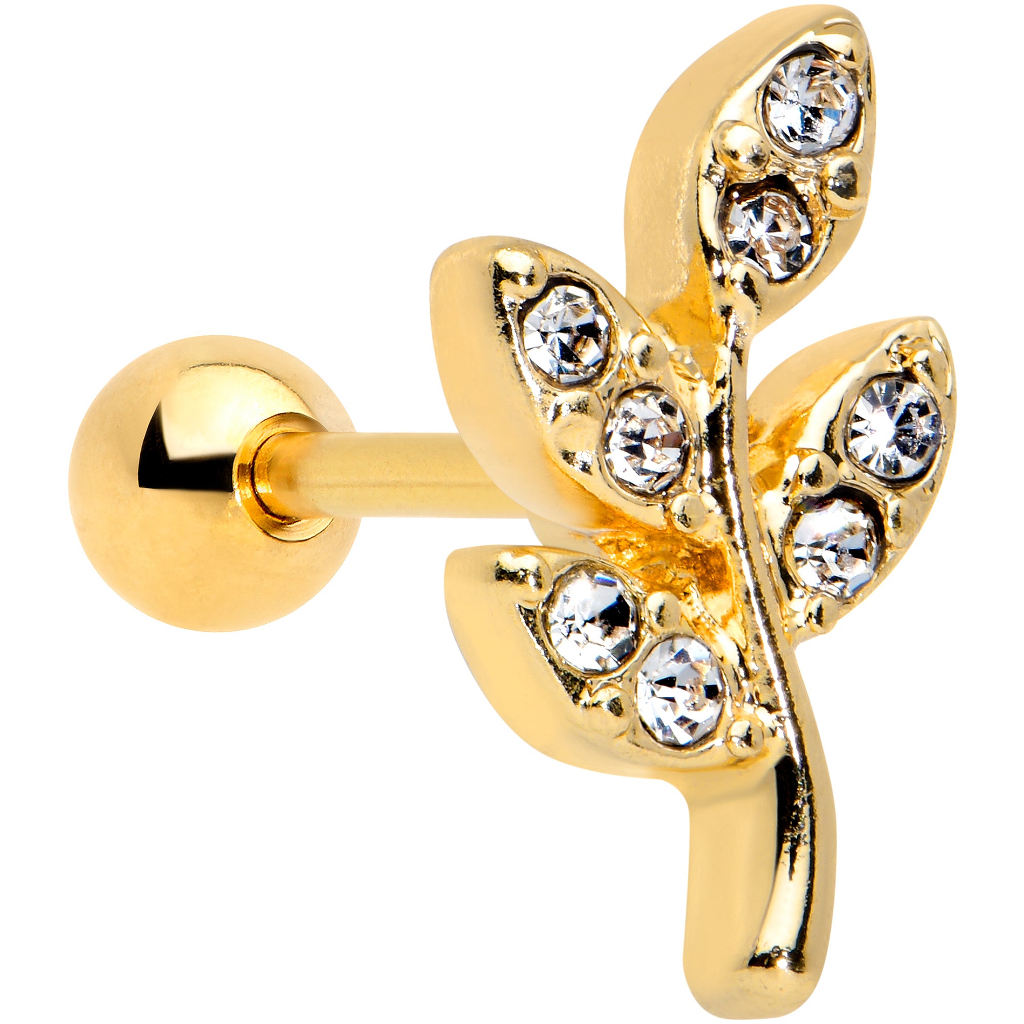 16G 1/4 Clear Gem Gold Tone Lush Leaves Cartilage Tragus Earring