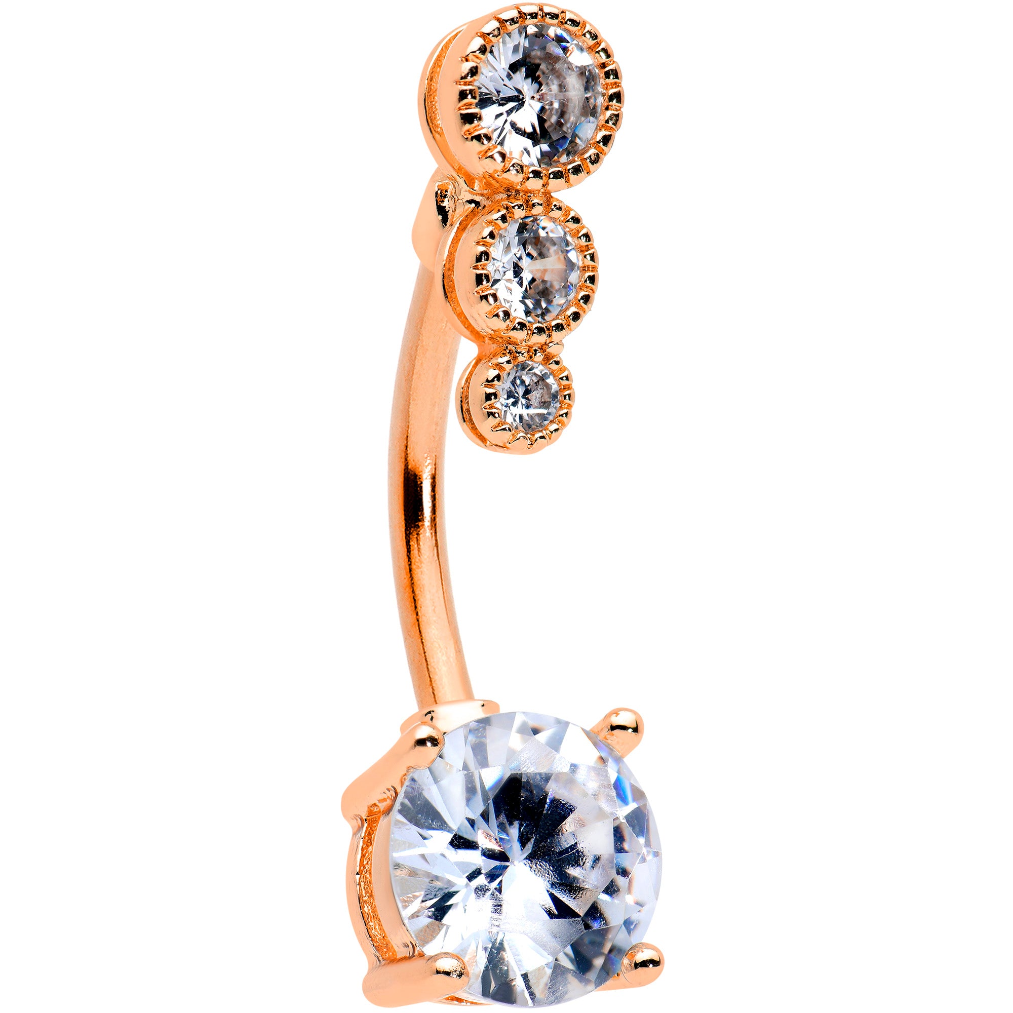 Clear CZ Gem Rose Gold Tone Triple Drop Round Belly Ring