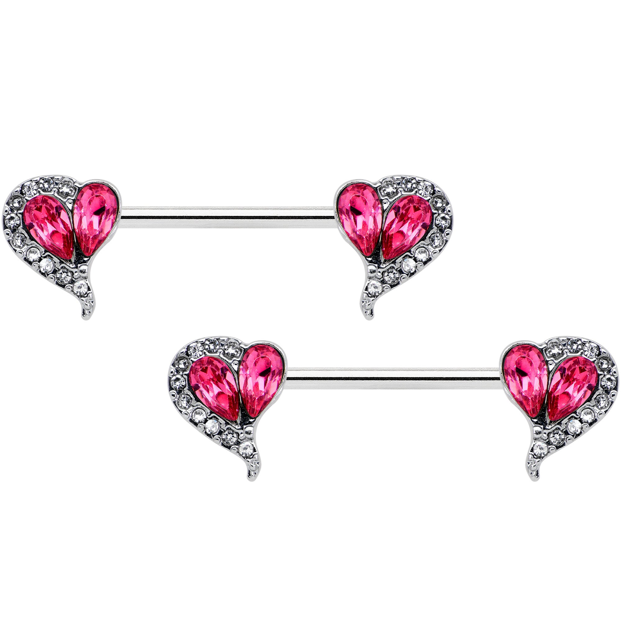 14G 9/16 Clear Pink Gem Curve Heart Valentines Nipple Ring Set