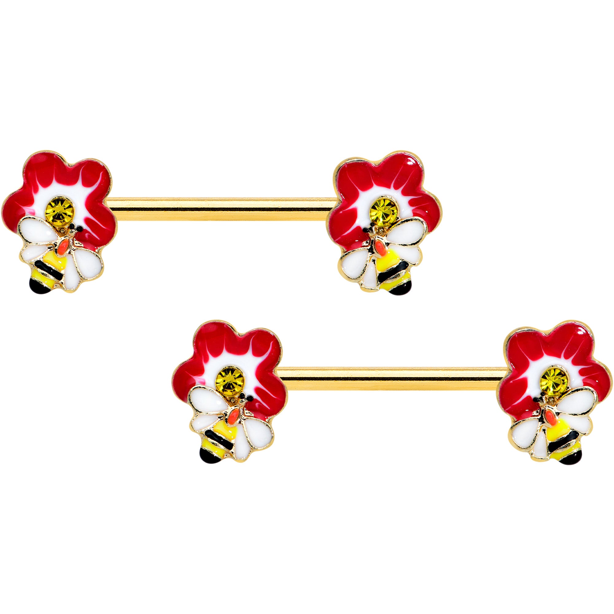 14 Gauge 9/16 Yellow Gem Gold Tone Queen Bee Flower Nipple Ring Set