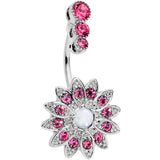 White Faux Opal Pink Clear Gem Triple Drop Floral Belly Ring