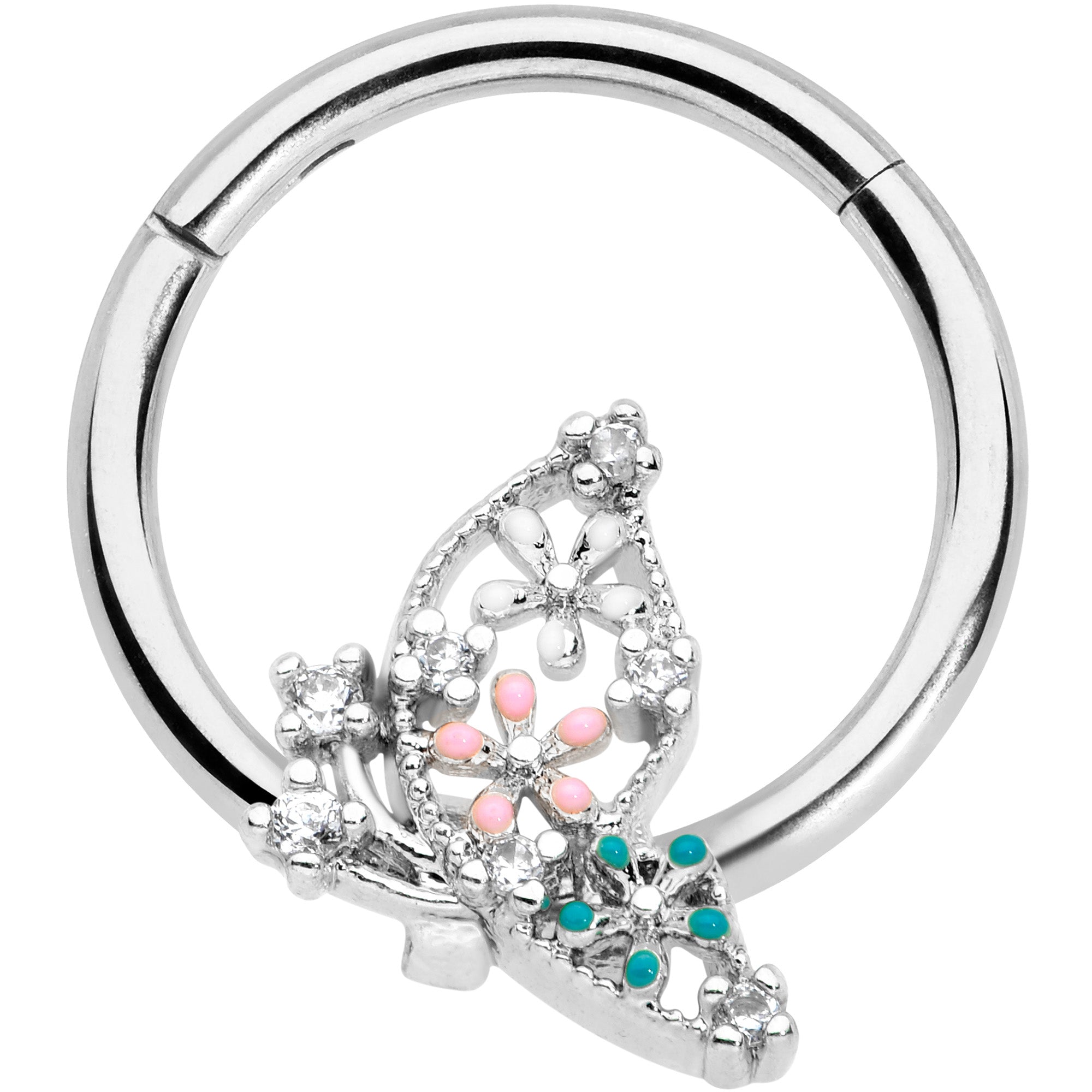 16G 3/8 Clear CZ Gem Abstract Butterfly Hinged Segment Ring