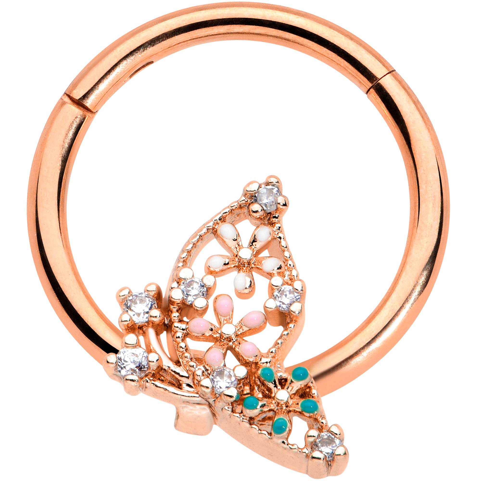 16G 3/8 Clear CZ Gem Rose Gold Tpne Abstract Hinged Segment Ring