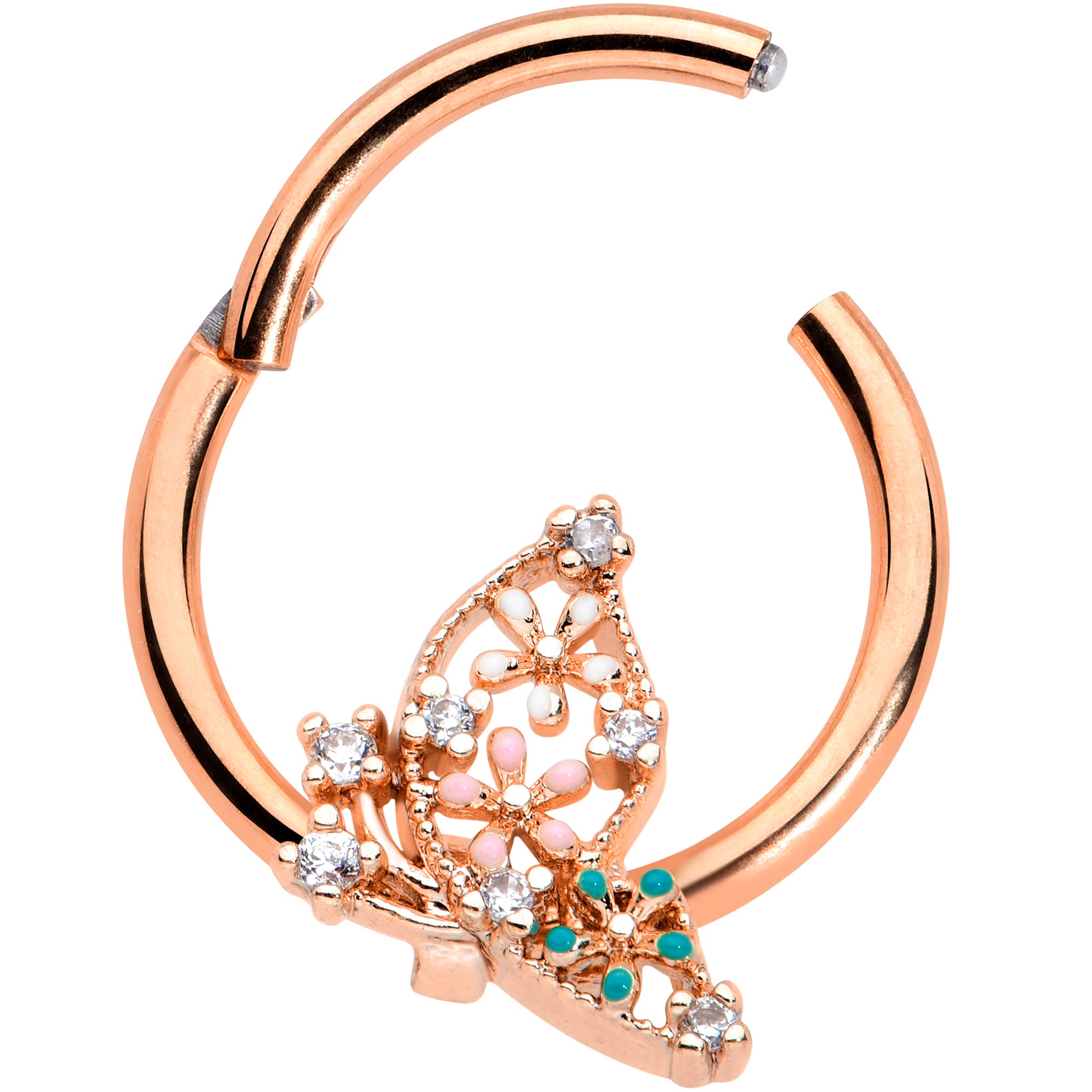16G 3/8 Clear CZ Gem Rose Gold Tpne Abstract Hinged Segment Ring