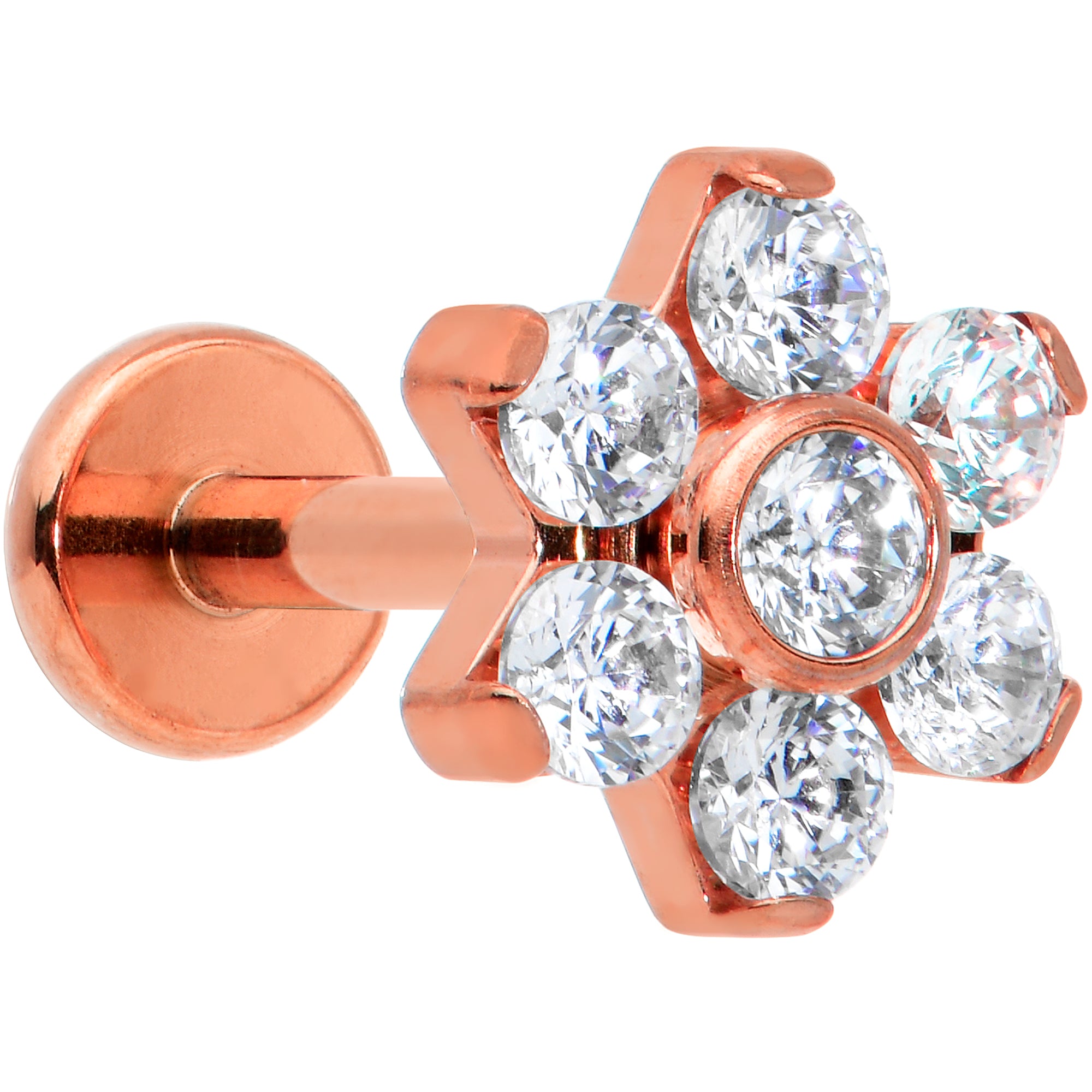 16G 1/4 Clear CZ Gem Rose Gold Tone G23 Titanium Flower Labret