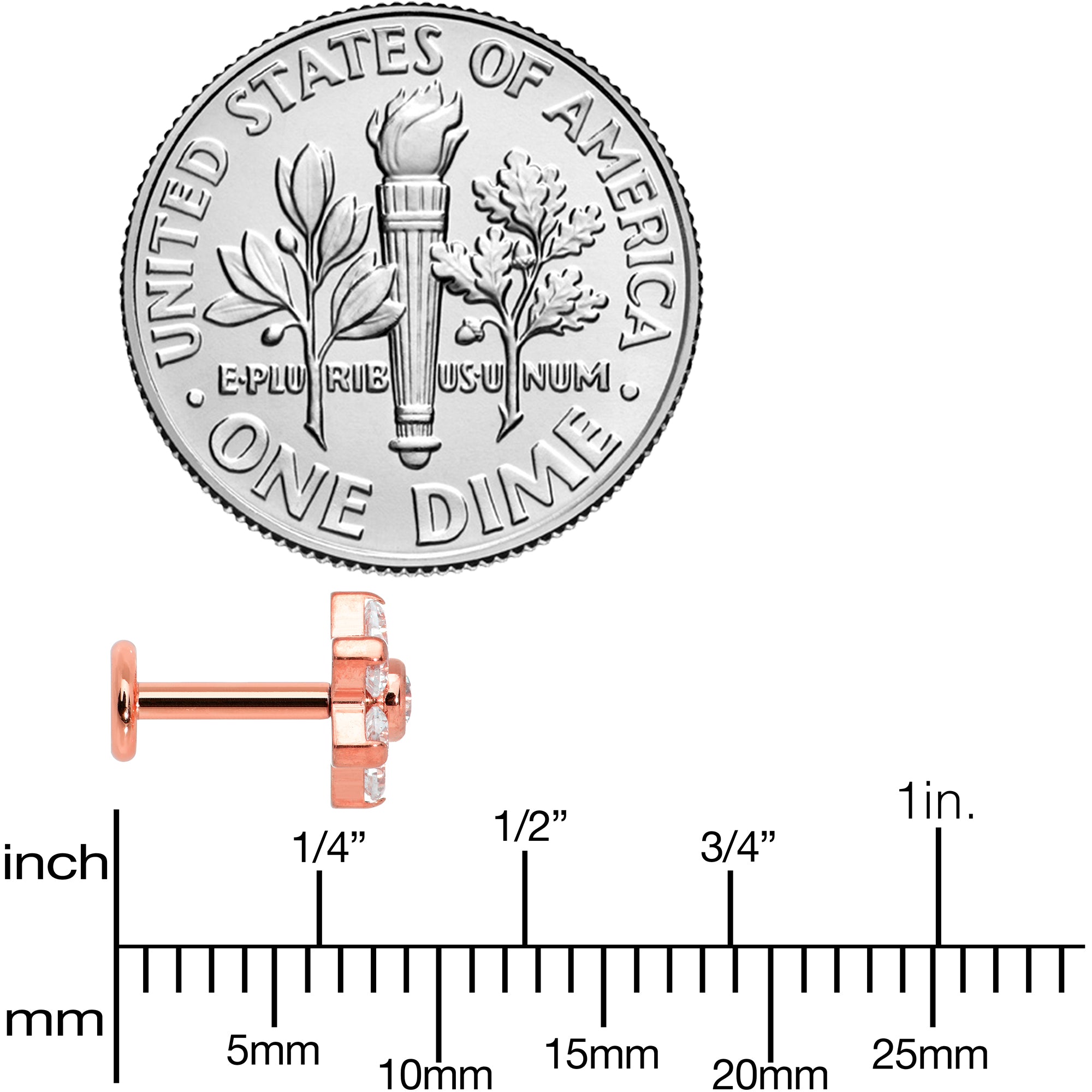 16G 1/4 Clear CZ Gem Rose Gold Tone G23 Titanium Flower Labret