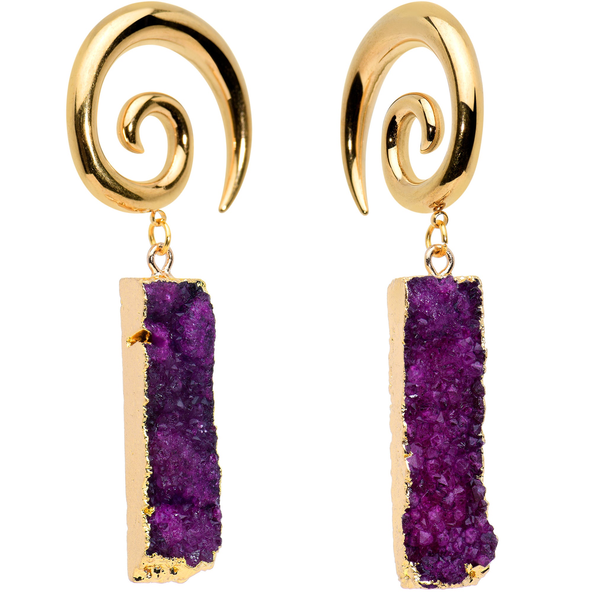 2G Purple Druzy Stone Rectangle Spiral Taper Ear Weights