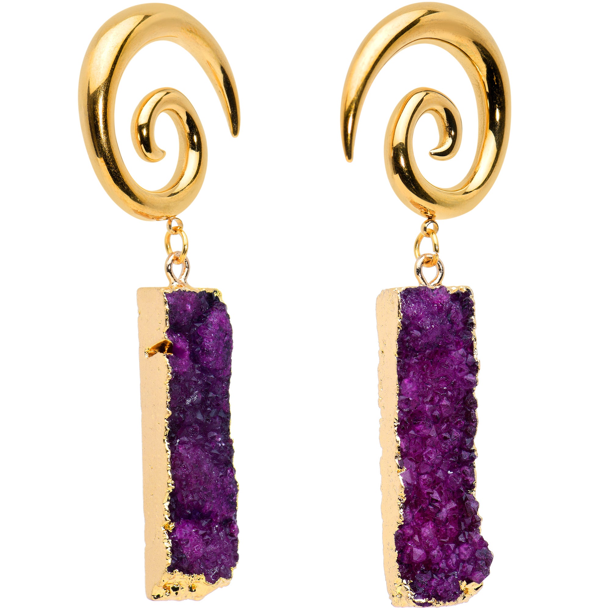 2G Purple Druzy Stone Rectangle Spiral Taper Ear Weights